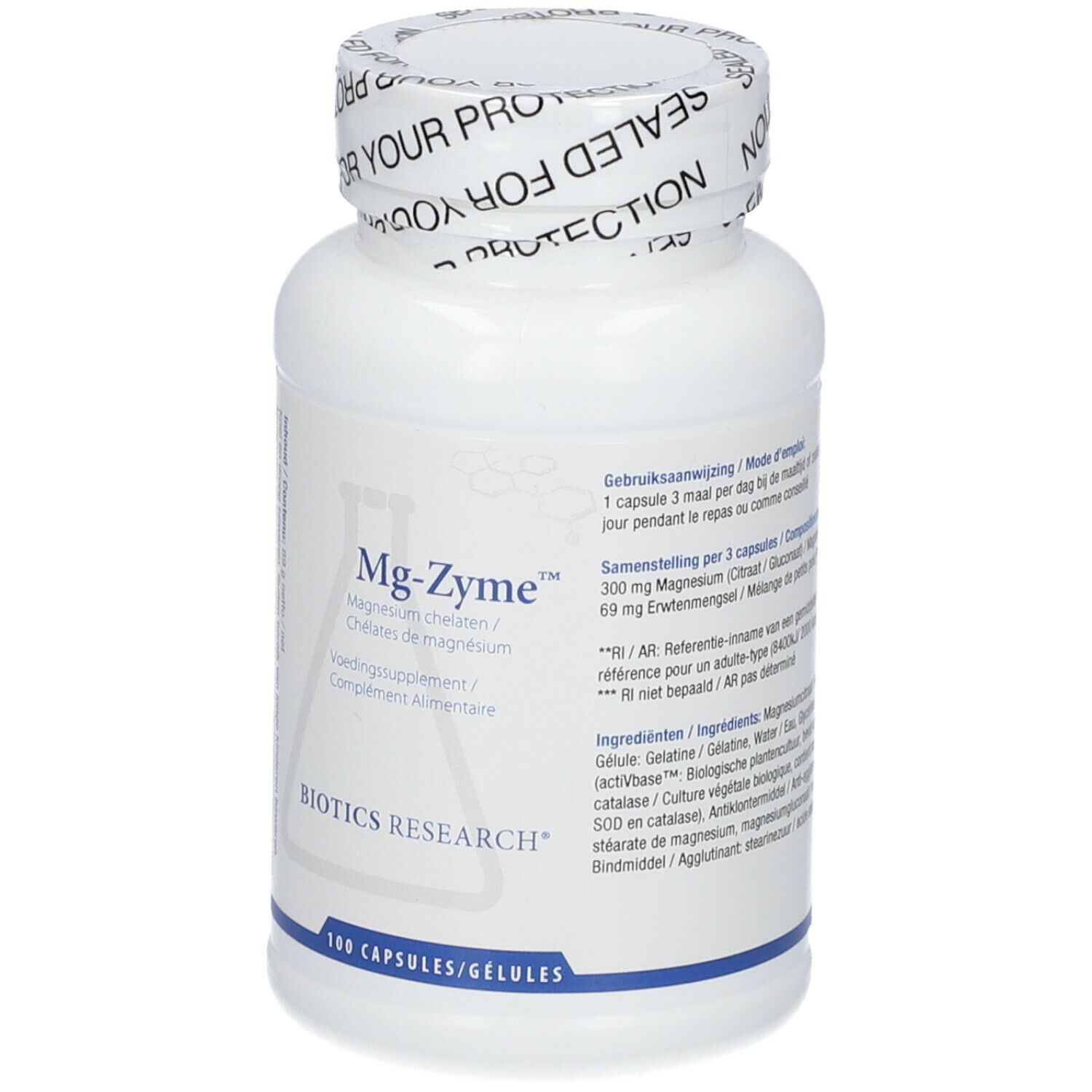 Flacone bianco con capsule. Scritta Mg-Zyme, chelati di magnesio. 100 capsule. BIOTICS RESEARCH.