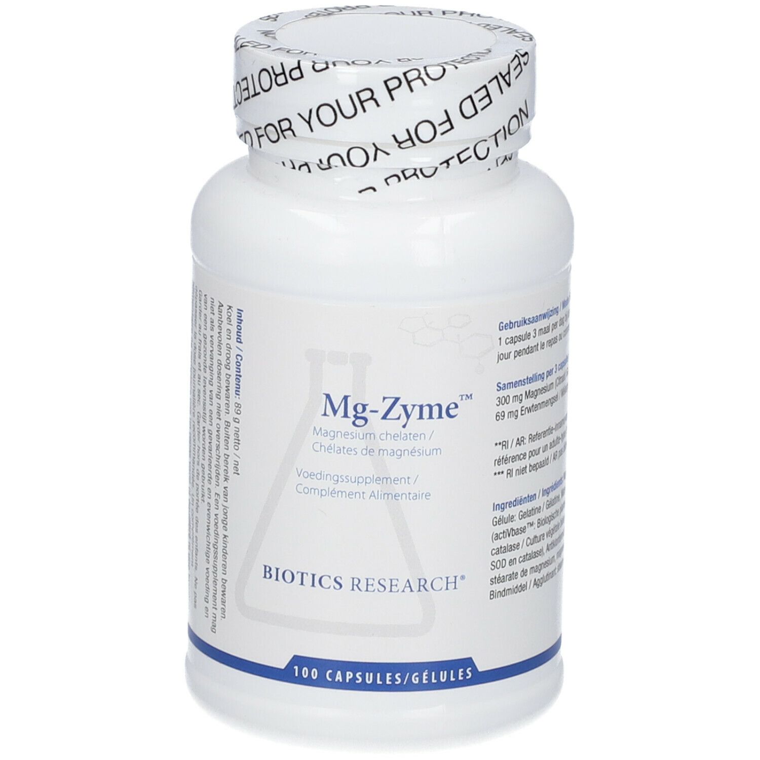Flacone bianco con capsule. Scritta Mg-Zyme, chelati di magnesio. 100 capsule. BIOTICS RESEARCH.