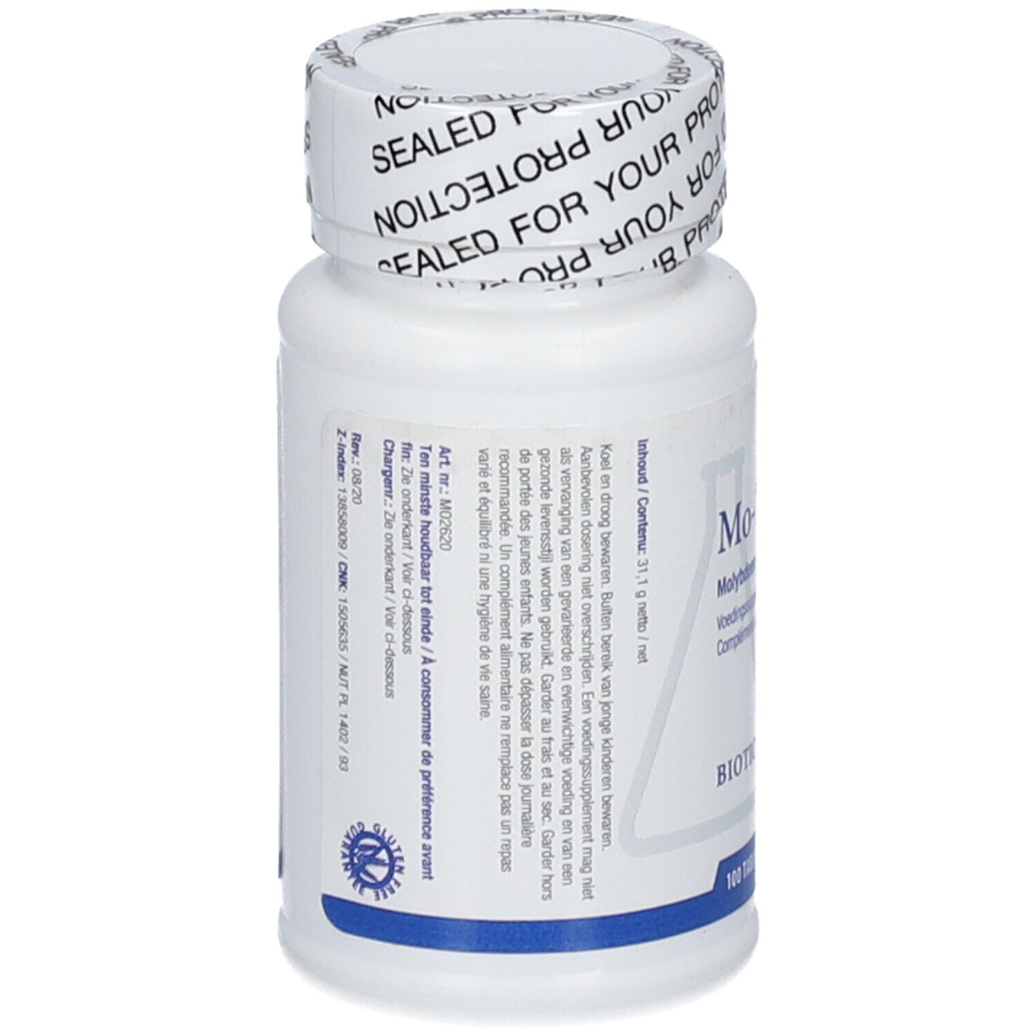 Retro del flacone bianco di compresse Mo-Zyme. Testo multilingue. Sigillo sul coperchio.
