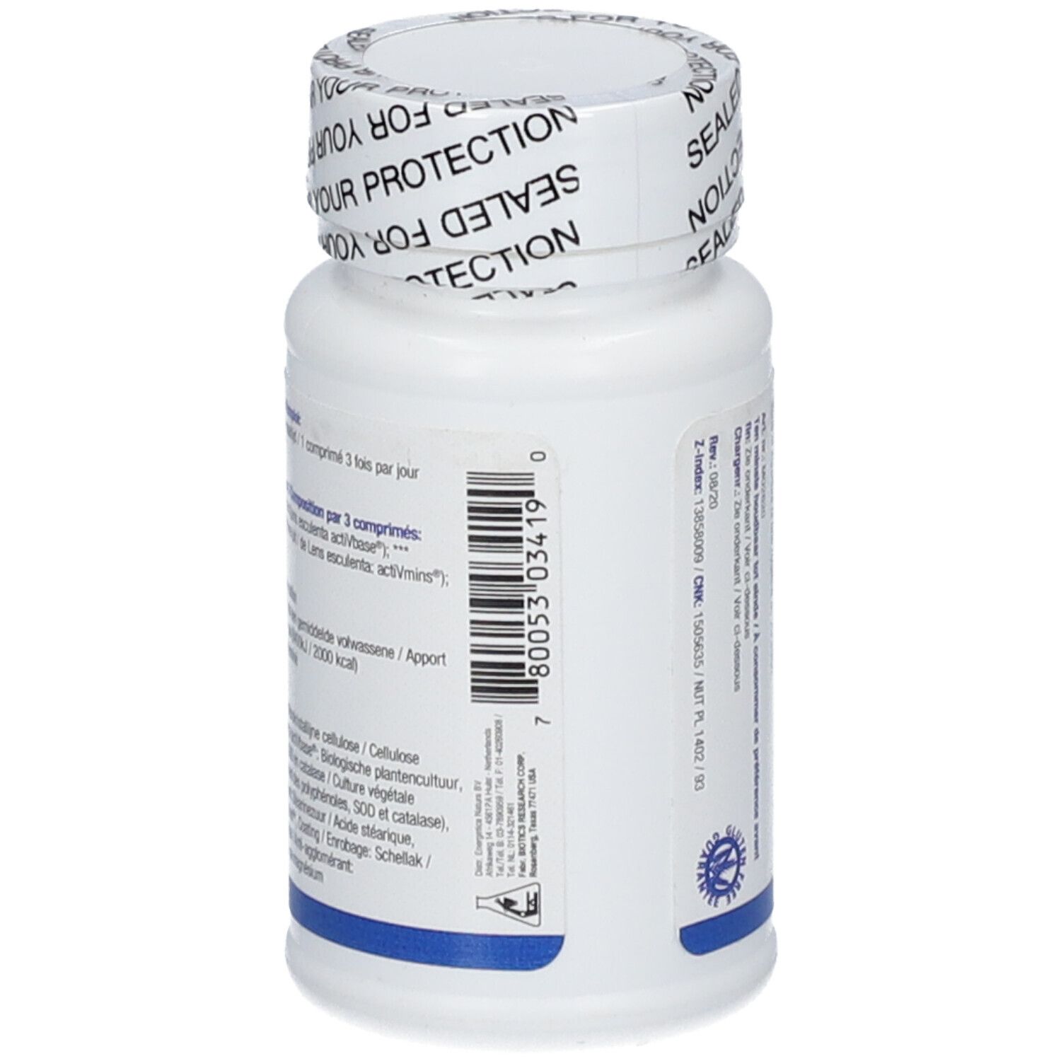 Retro del flacone bianco di compresse Mo-Zyme. Codice a barre e testo. Sigillo sul coperchio.