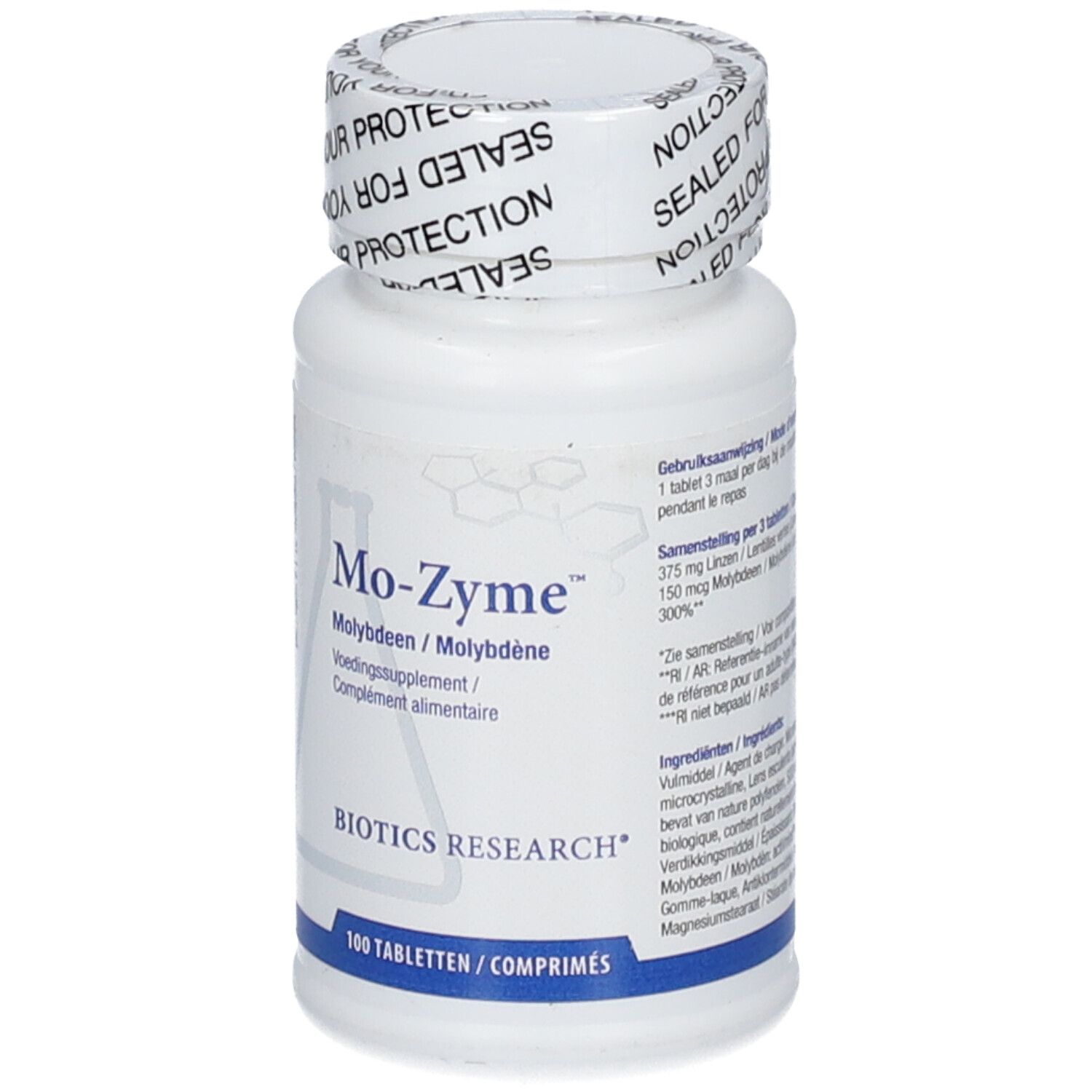 Flacone bianco di compresse Mo-Zyme. Scritte: BIOTICS RESEARCH, Mo-Zyme, 100 compresse. Sigillo.