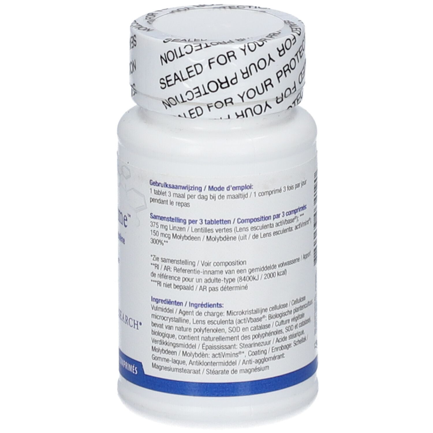 Retro del flacone bianco di compresse Mo-Zyme. Testo multilingue. Sigillo sul coperchio.