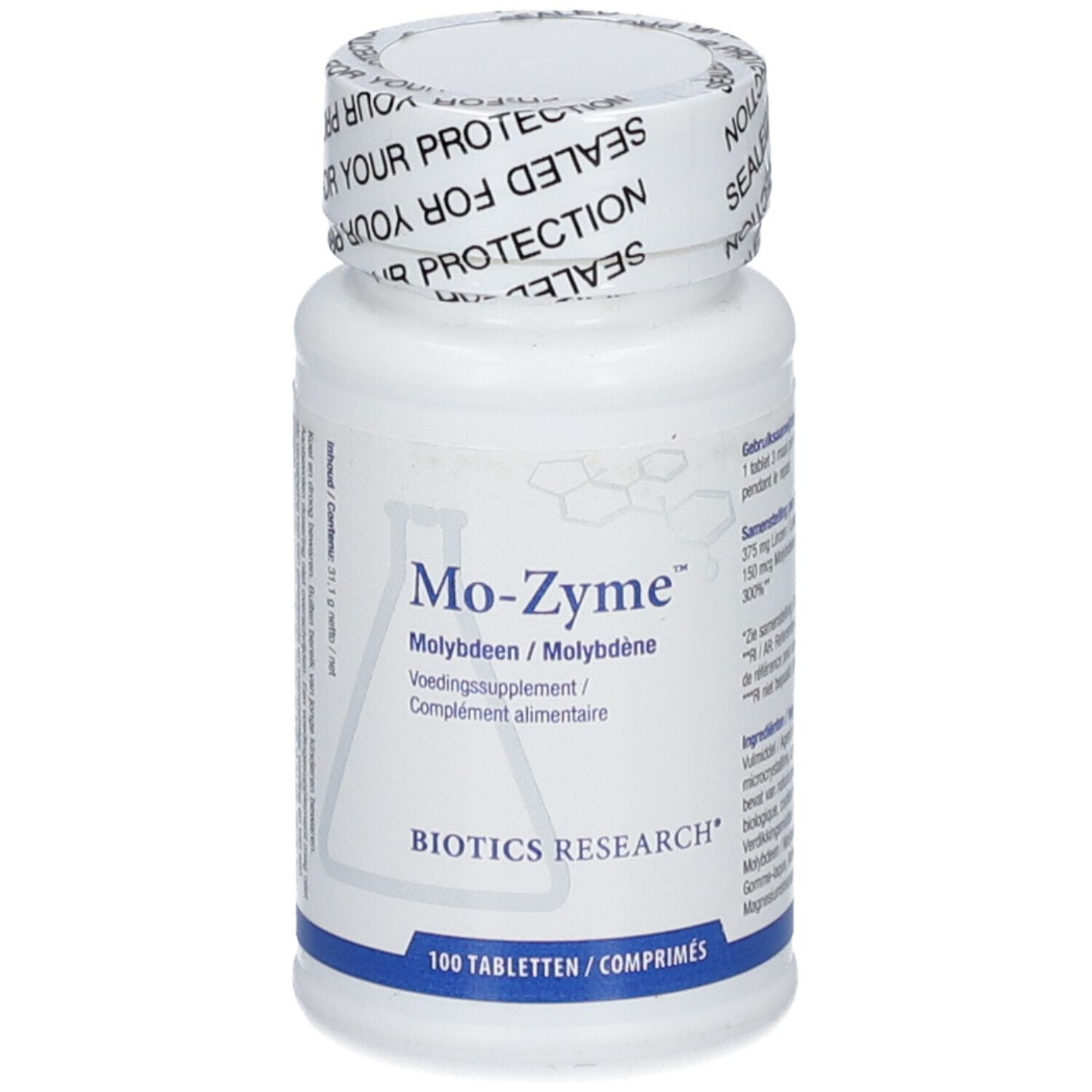 Flacone bianco di compresse Mo-Zyme. Scritte: BIOTICS RESEARCH, Mo-Zyme, 100 compresse. Sigillo.