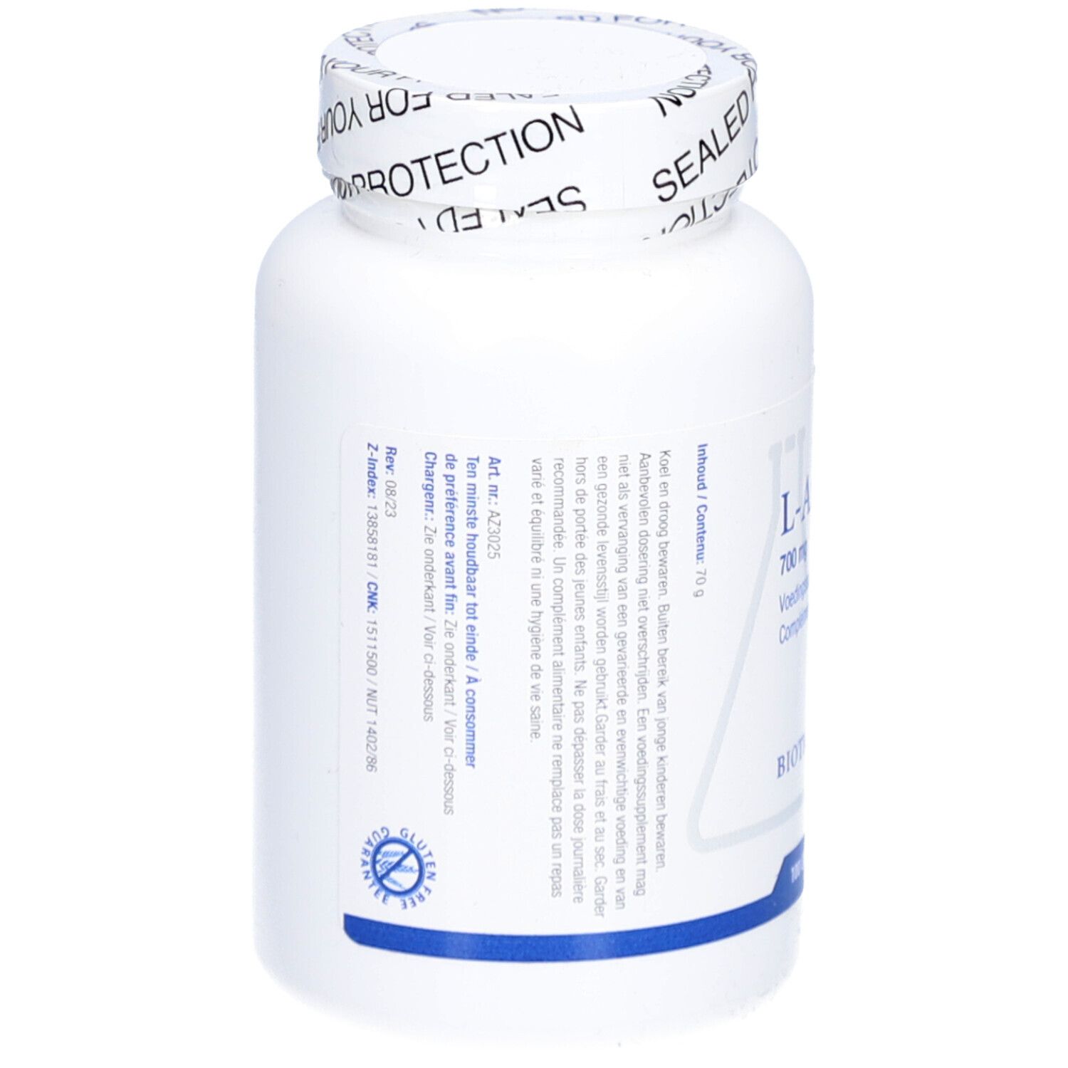 Flacone bianco di L-Arginina 700 mg. Scritta Biotics Research. Sigillo sul coperchio. Informazioni sul prodotto sul retro.