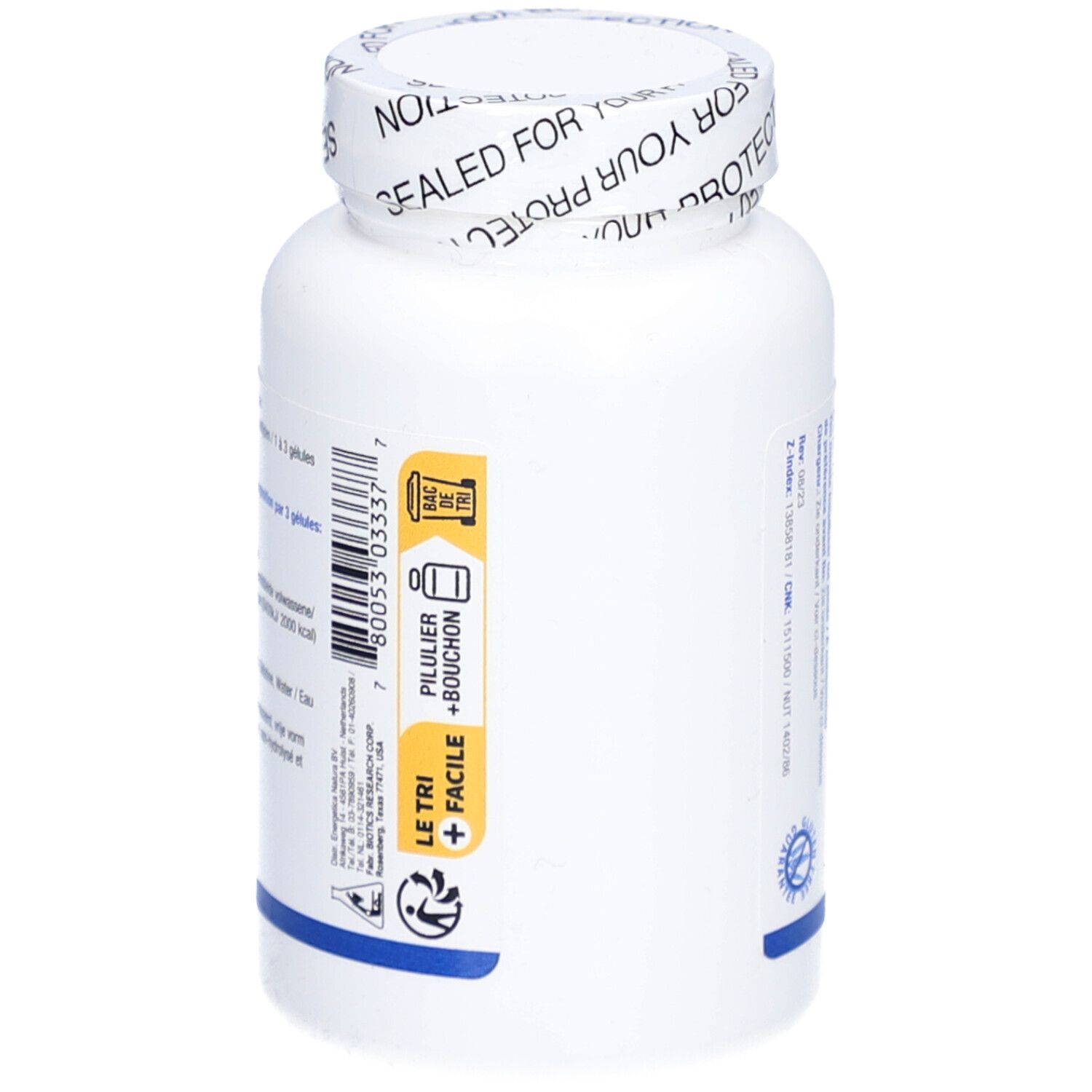 Flacone bianco di L-Arginina 700 mg. Scritta Biotics Research. Sigillo sul coperchio. Informazioni sul prodotto e pittogrammi sul retro.