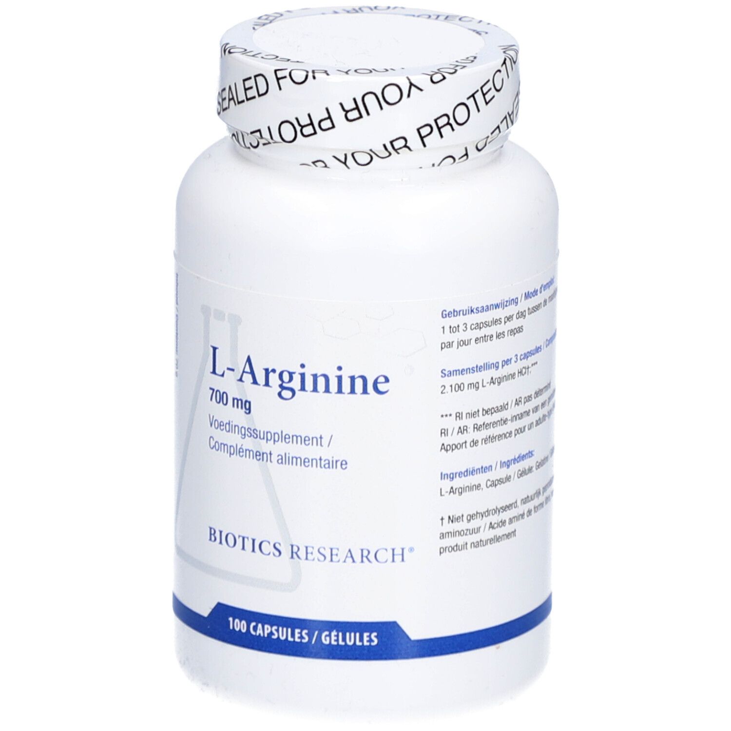 Flacone bianco di L-Arginina 700 mg. Scritta Biotics Research. 100 capsule. Coperchio sigillato.