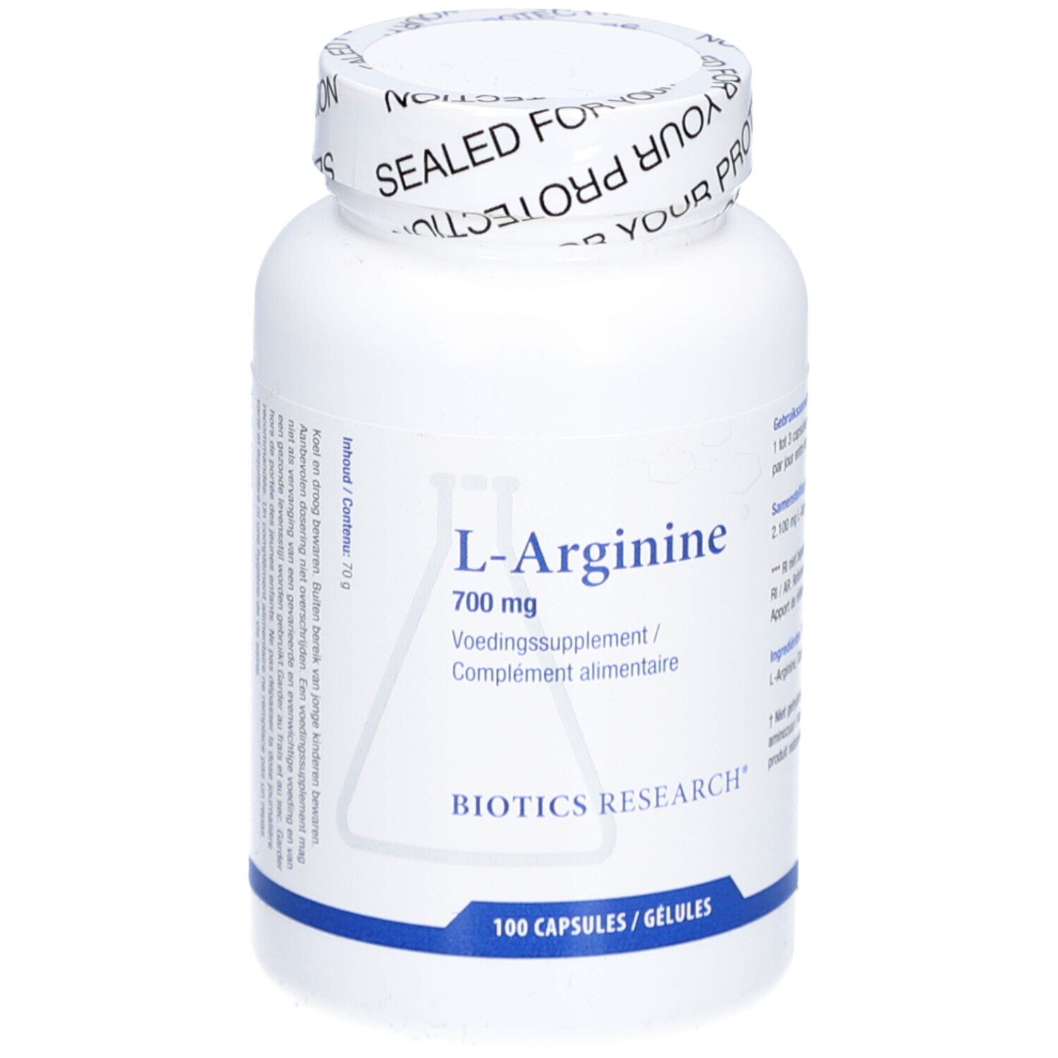 Flacone bianco di L-Arginina 700 mg. Scritta Biotics Research. 100 capsule. Coperchio sigillato.