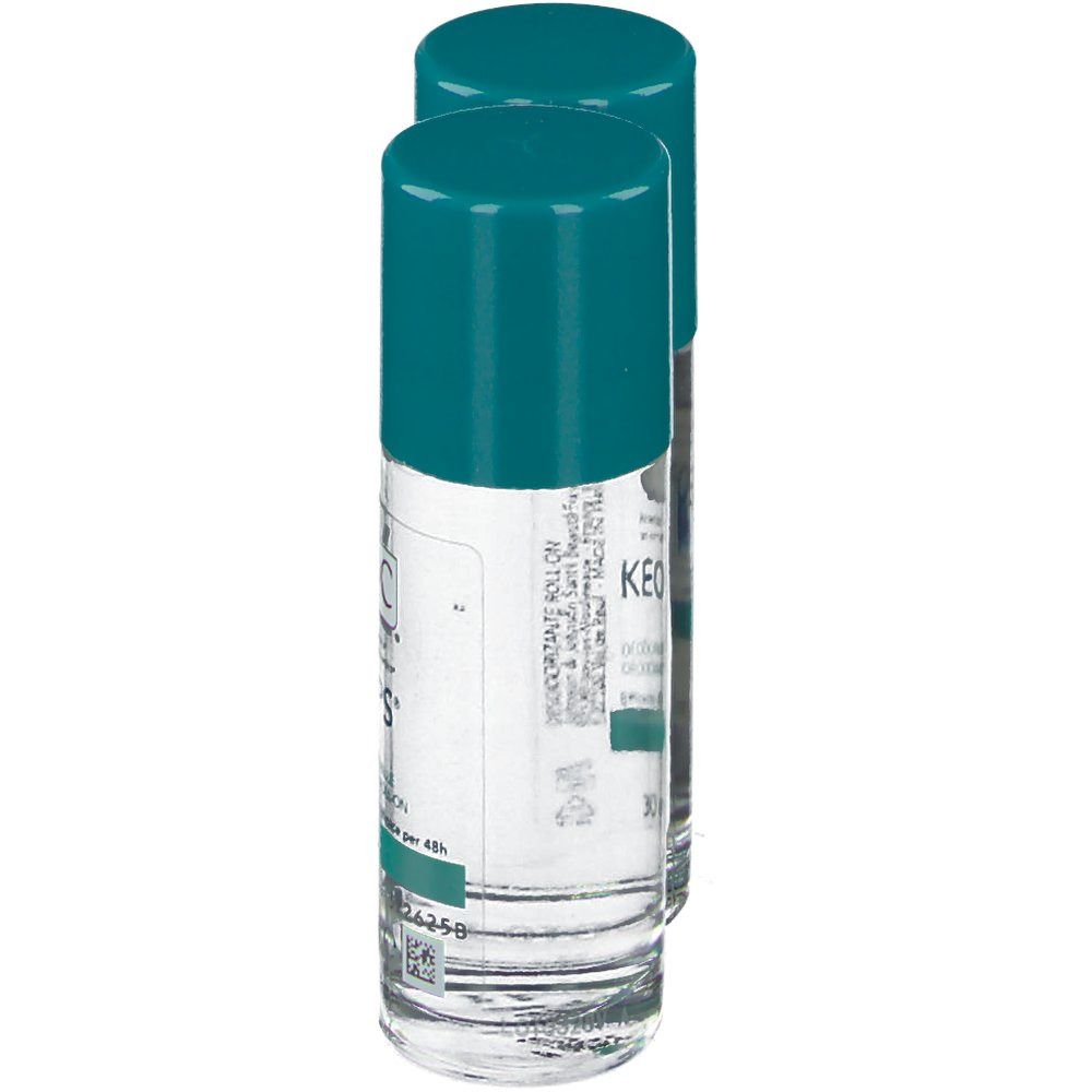 Due deodoranti roll-on con tappi turchesi. Liquido trasparente in flaconi di vetro. Etichette con testo.