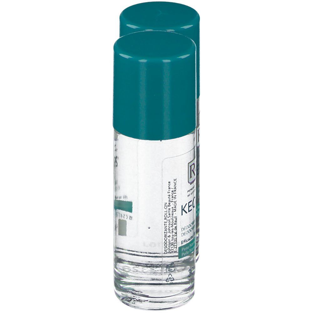 Due deodoranti roll-on con tappi turchesi. Liquido trasparente in flaconi di vetro. Etichette con testo.