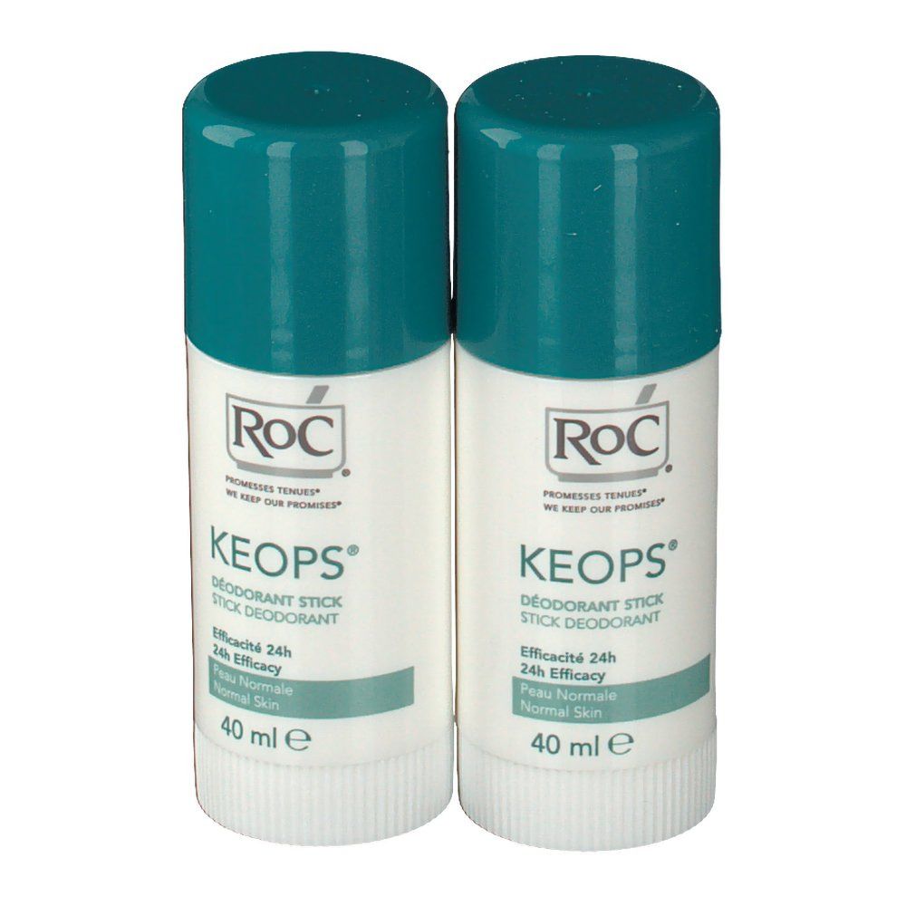 Due stick deodoranti RoC Keops. Contenitore bianco, coperchio blu. Testo: Keops, Efficacia 24h, 40 ml.
