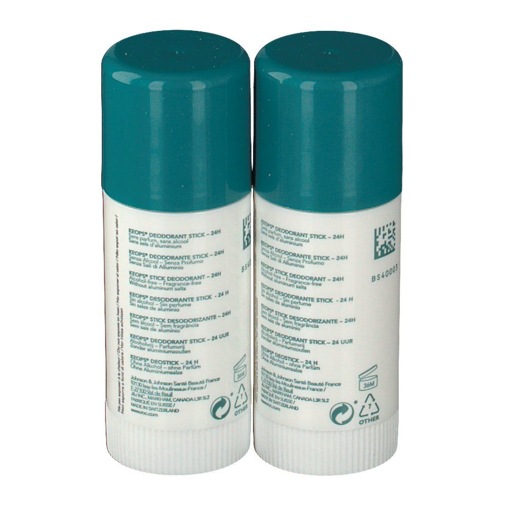 Due stick deodoranti RoC Keops. Vista posteriore. Testo: Keops Deodorant Stick, 24h, ingredienti, informazioni produttore.