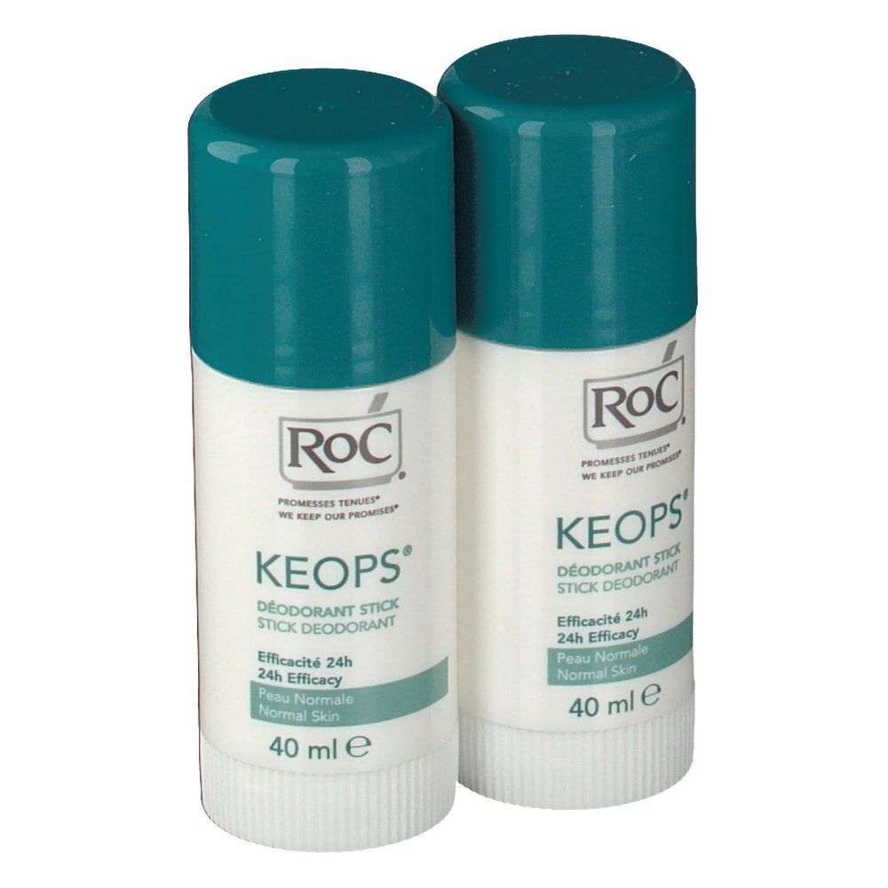 Due stick deodoranti RoC Keops. Contenitore bianco, coperchio blu. Testo: Keops, Efficacia 24h, 40 ml.