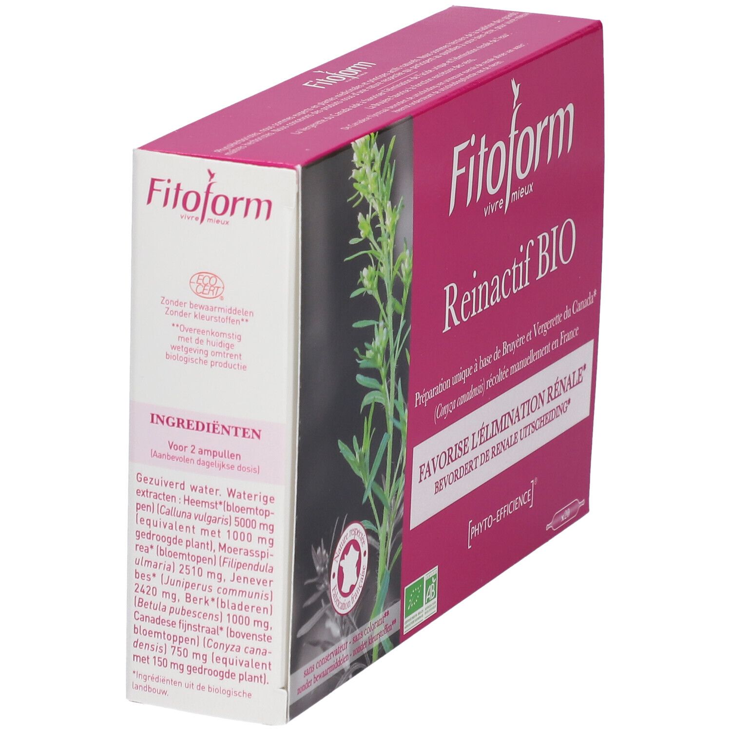 Confezione Fitoform Reinactif BIO. Scatola rosa e bianca con nome e logo del prodotto. Elenco ingredienti sul lato. Con marchio biologico.