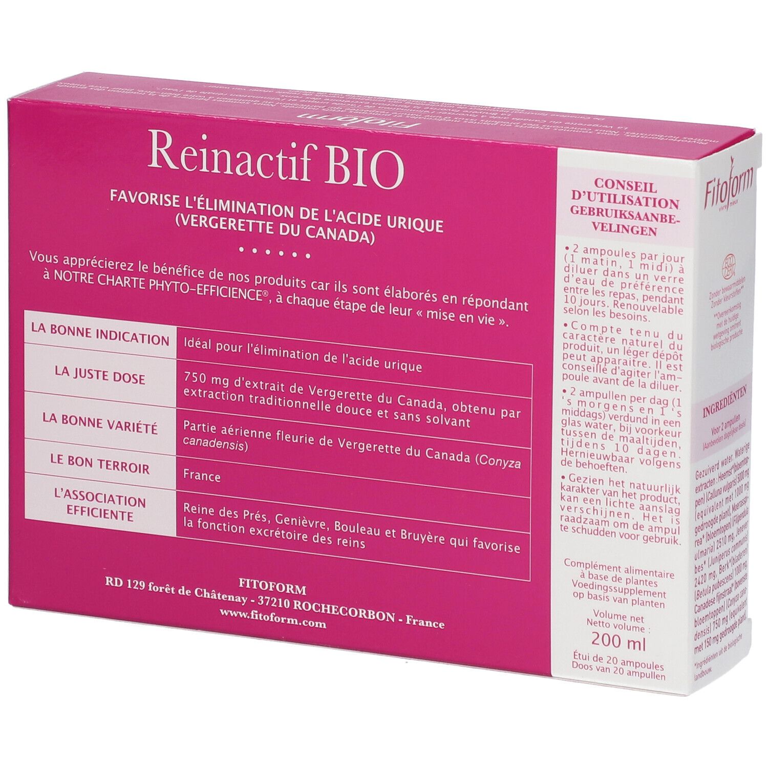 Confezione Fitoform Reinactif BIO. Retro della scatola rosa e bianca con informazioni sul prodotto. Con marchio biologico.