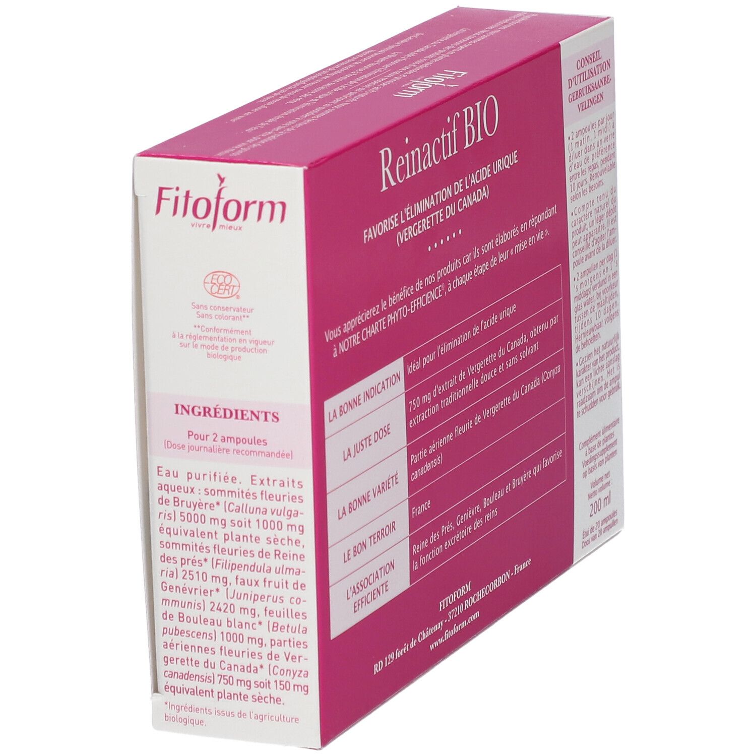 Confezione Fitoform Reinactif BIO. Scatola con nome e logo del prodotto. Elenco ingredienti e marchio biologico. Rosa e bianco.