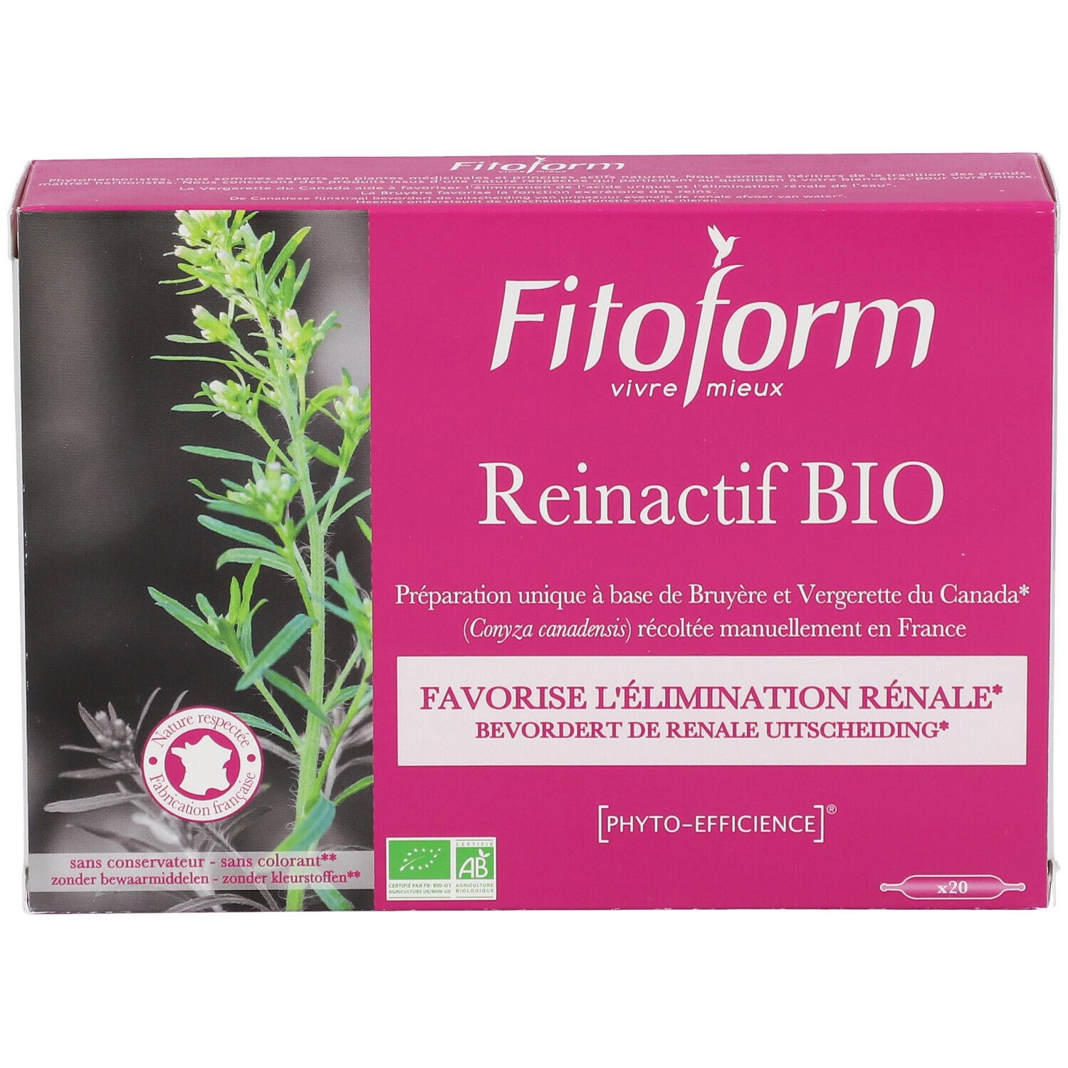 Confezione Fitoform Reinactif BIO. Scatola rosa e bianca con nome e logo del prodotto. Contiene 20 fiale. Con marchio biologico.