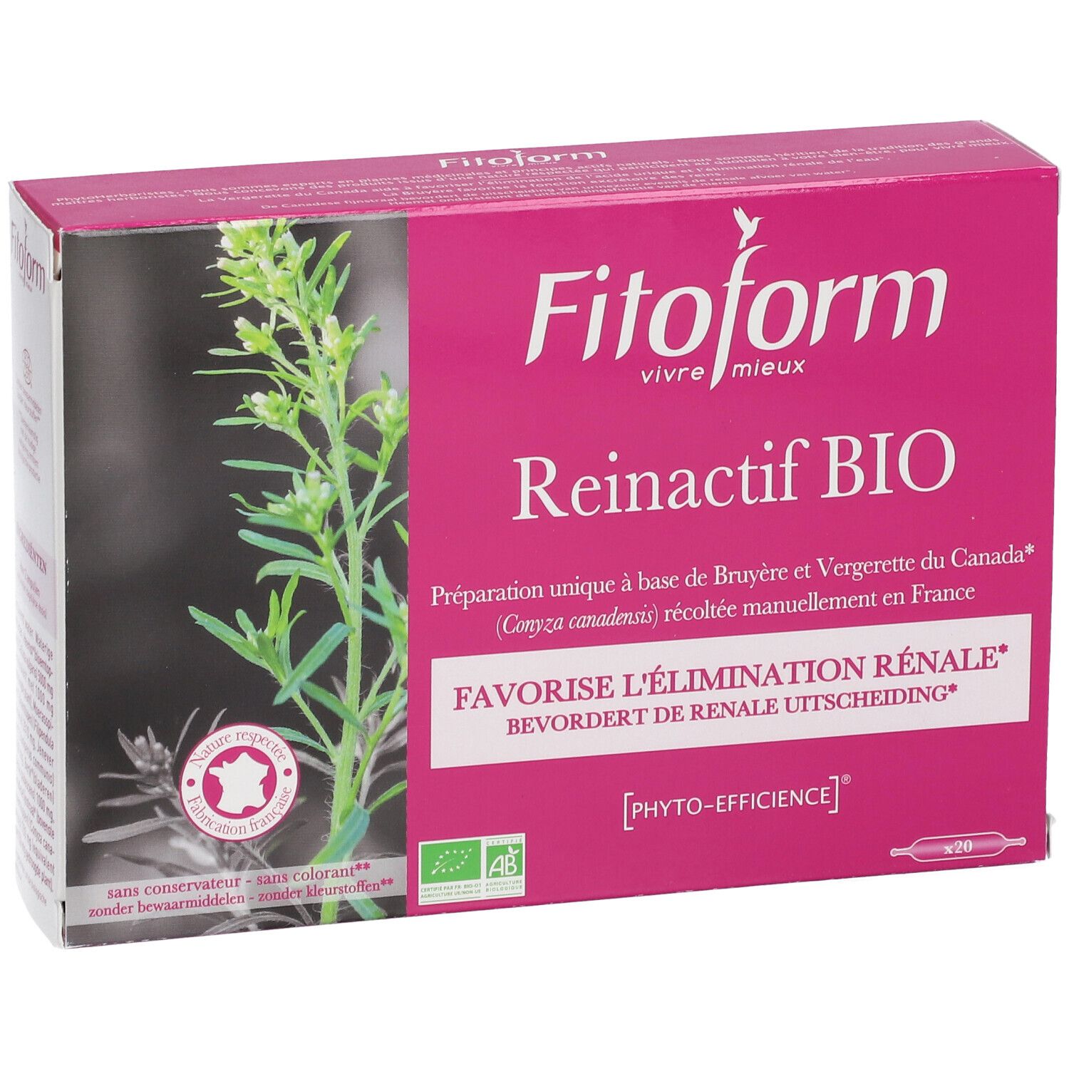 Confezione Fitoform Reinactif BIO. Scatola rosa e bianca con nome e logo del prodotto. Contiene 20 fiale. Con marchio biologico.