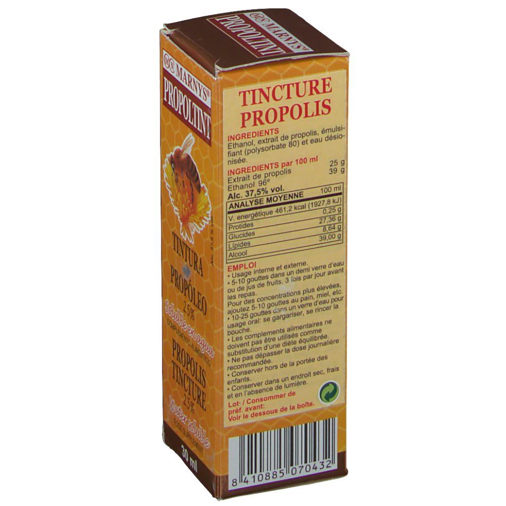 Retro della confezione in cartone con ingredienti e informazioni nutrizionali. Testo in spagnolo e francese. 30 ml.
