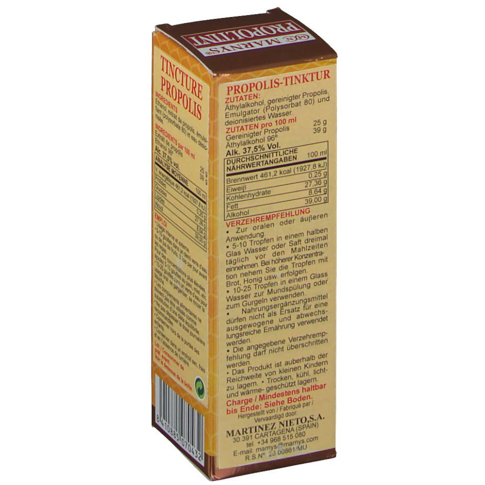 Vista laterale della confezione in cartone con ingredienti e informazioni nutrizionali. Testo in tedesco. 30 ml.