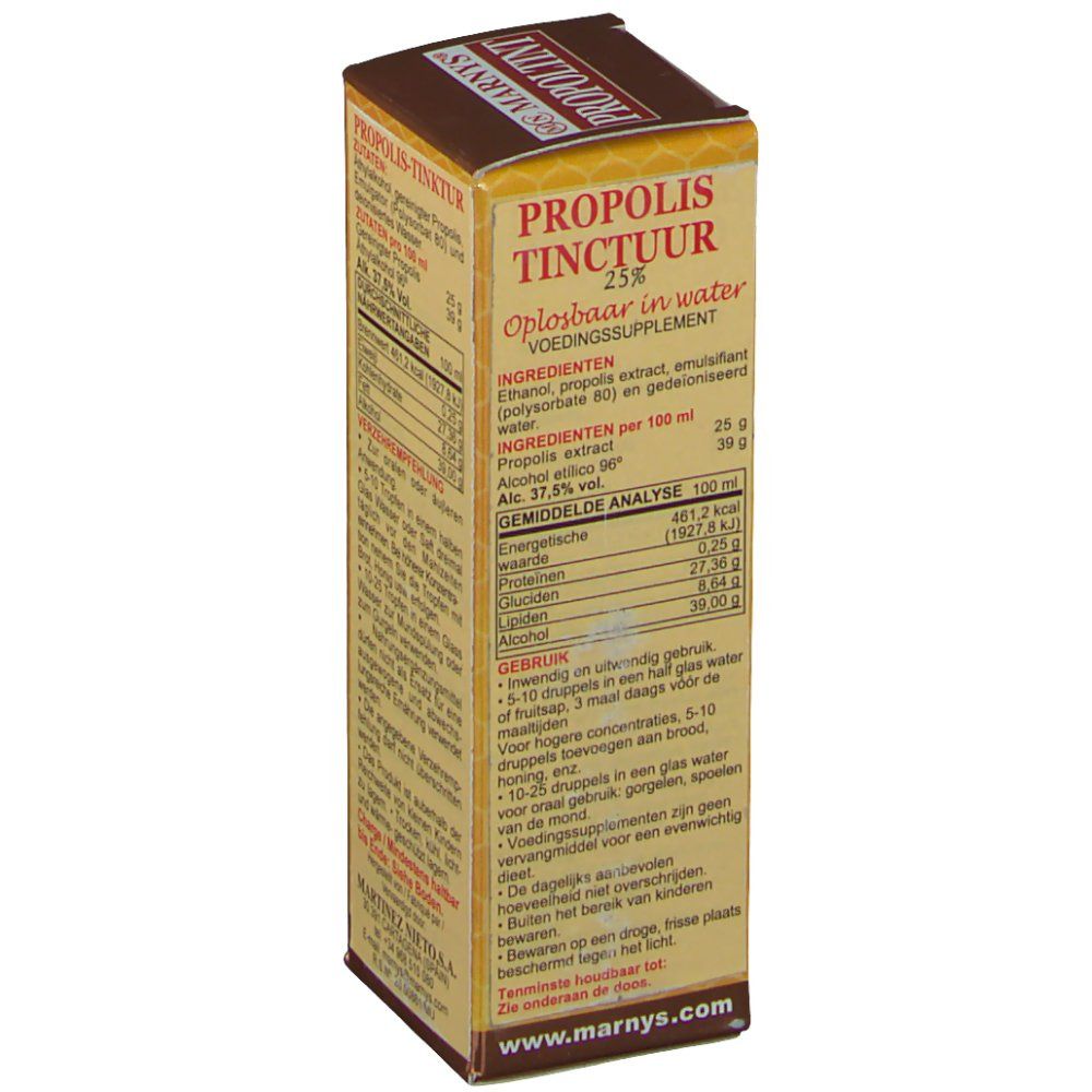Vista laterale della confezione in cartone con ingredienti e informazioni nutrizionali. Testo in olandese. 30 ml.