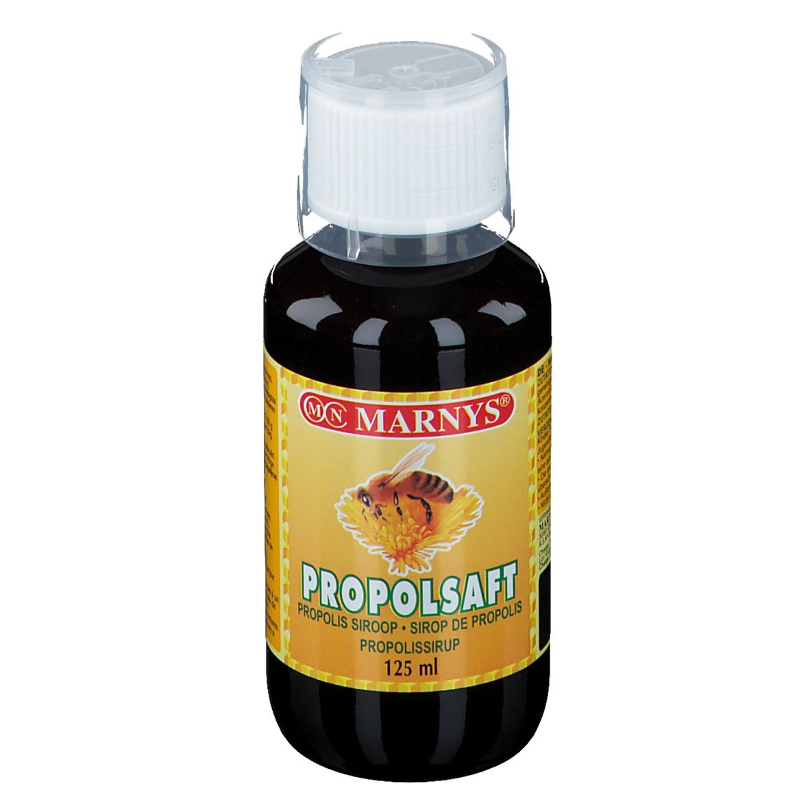 Liquido marrone in bottiglia con tappo bianco. Etichetta con nome del prodotto e logo.