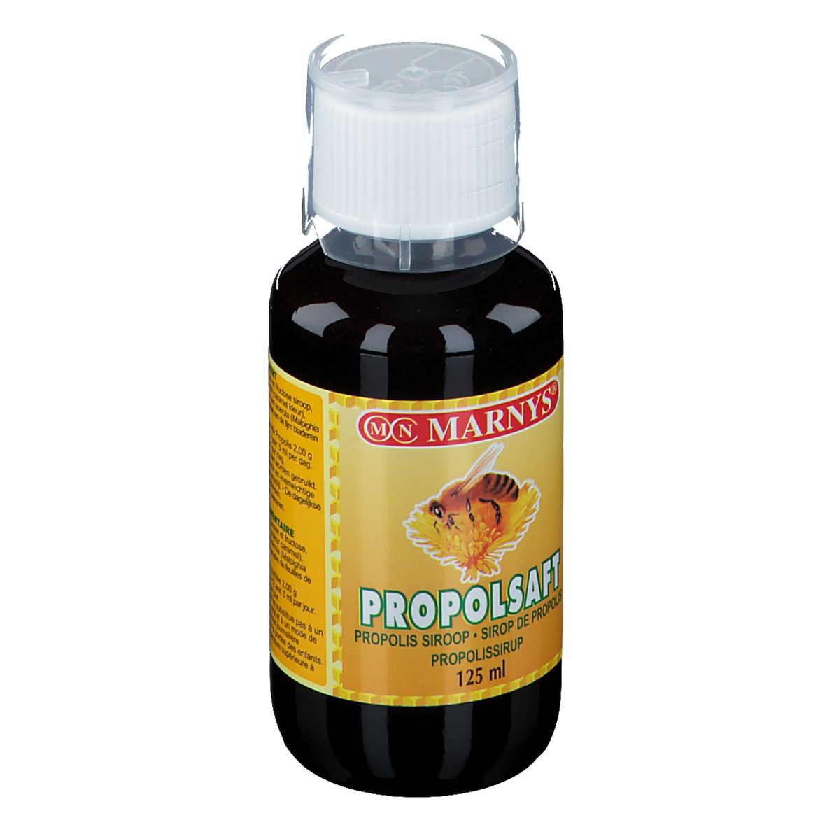 Liquido marrone in bottiglia con tappo bianco. Etichetta con nome del prodotto e logo.