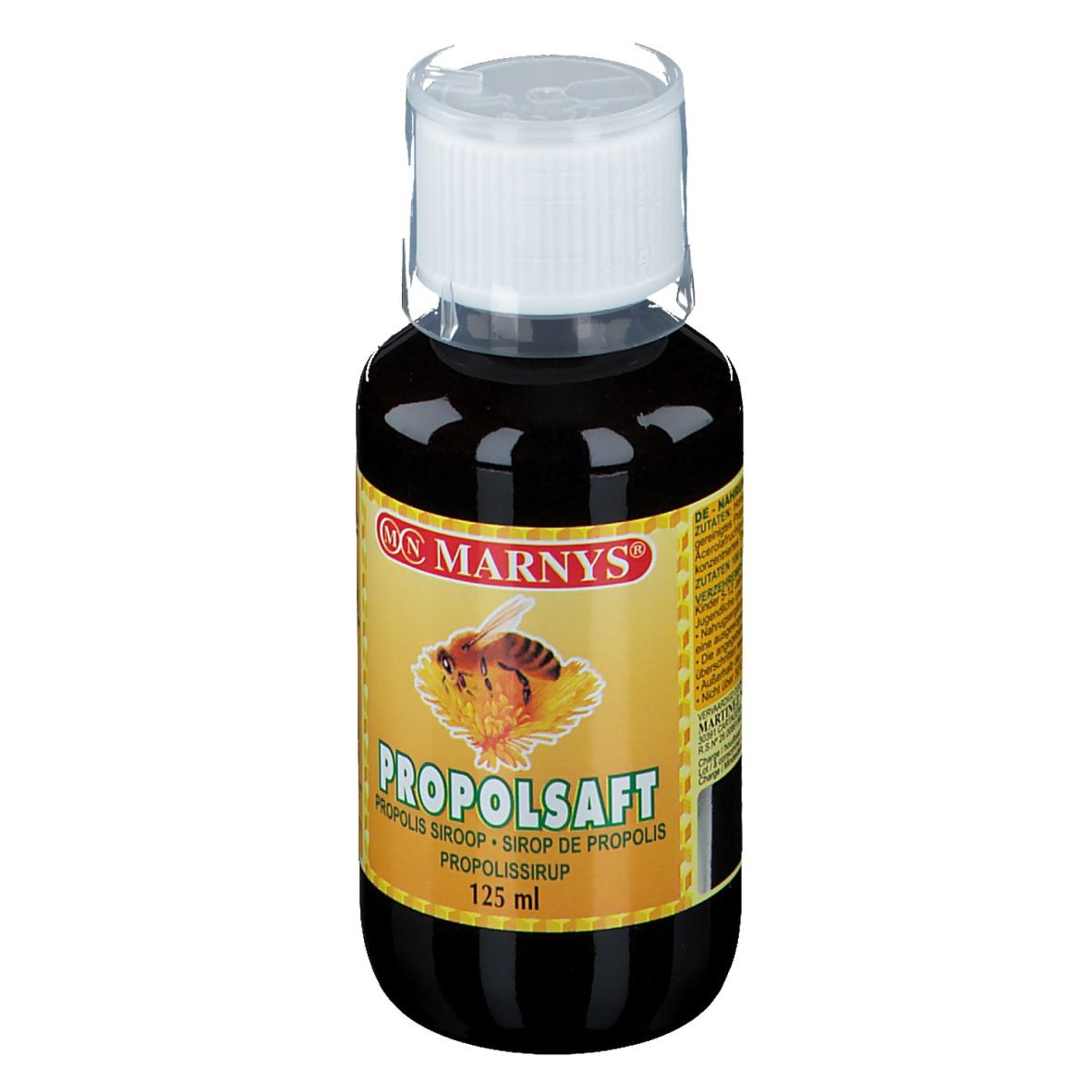 Liquido marrone in bottiglia con tappo bianco. Etichetta con nome del prodotto e logo.