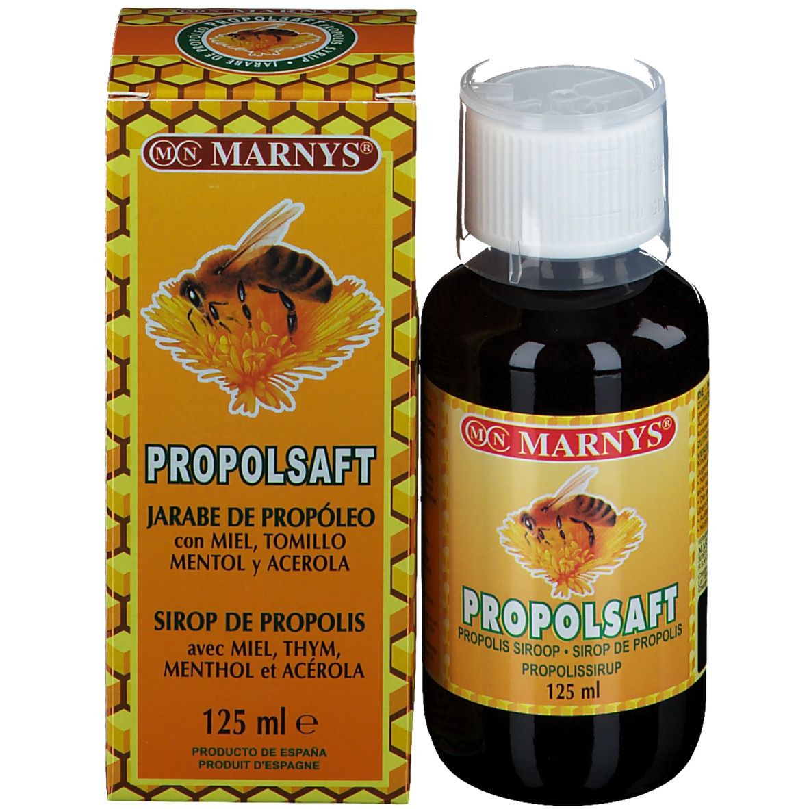 Bottiglia e confezione del prodotto. Liquido marrone, confezione gialla con logo e nome del prodotto.