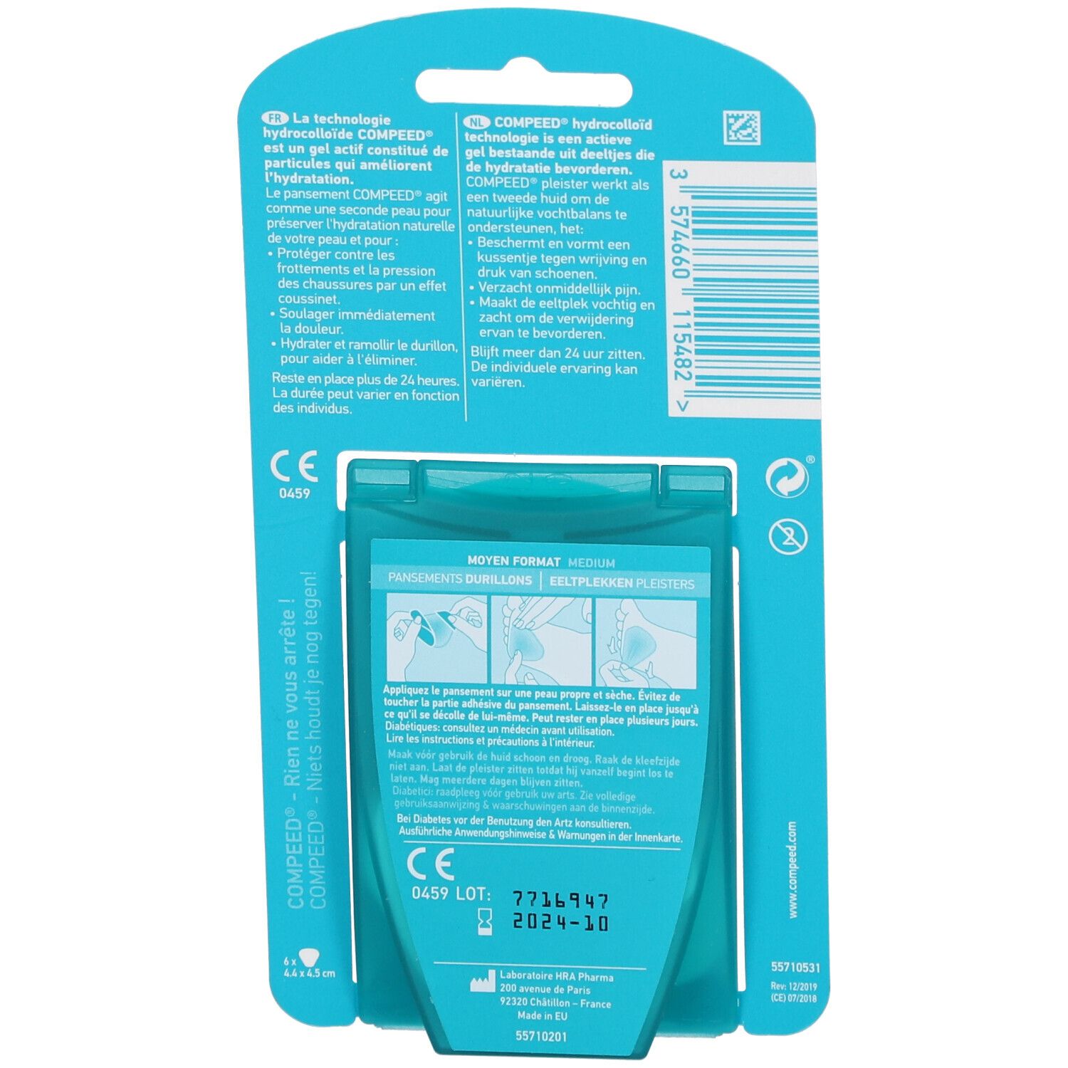 Retro della confezione Compeed. Contiene informazioni e istruzioni.