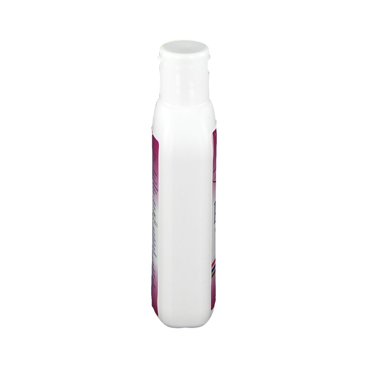 Flacone bianco con tappo a ribalta. Etichetta con testo multilingue. Nome del prodotto non visibile.