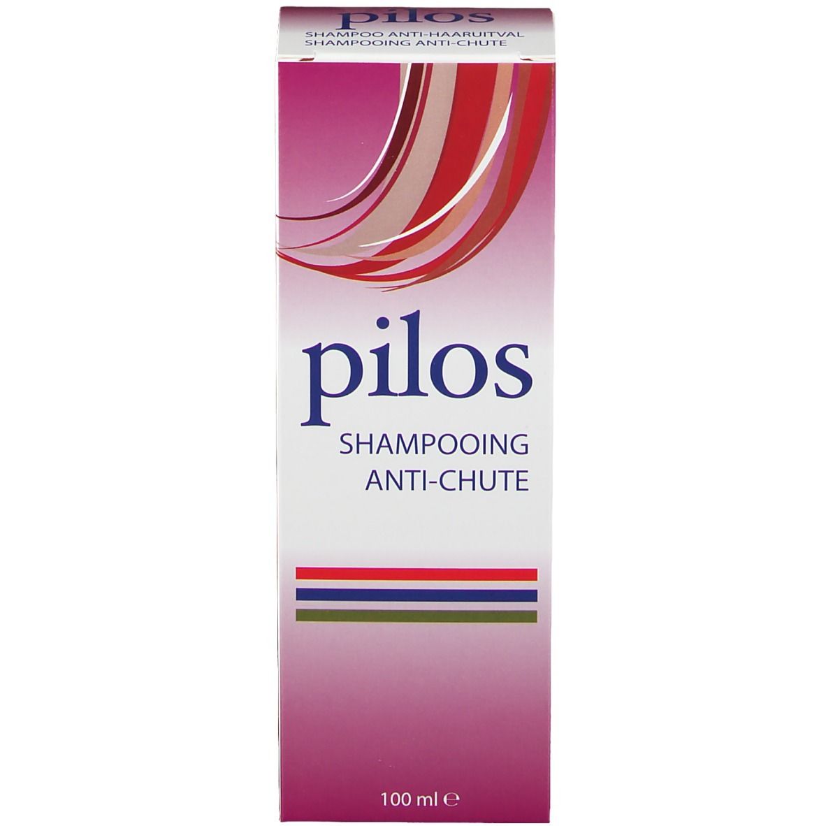 Scatola alta con etichetta rosa e design rosso e bianco. Nome del prodotto: pilos. Testo: Shampooing Anti-Chute.