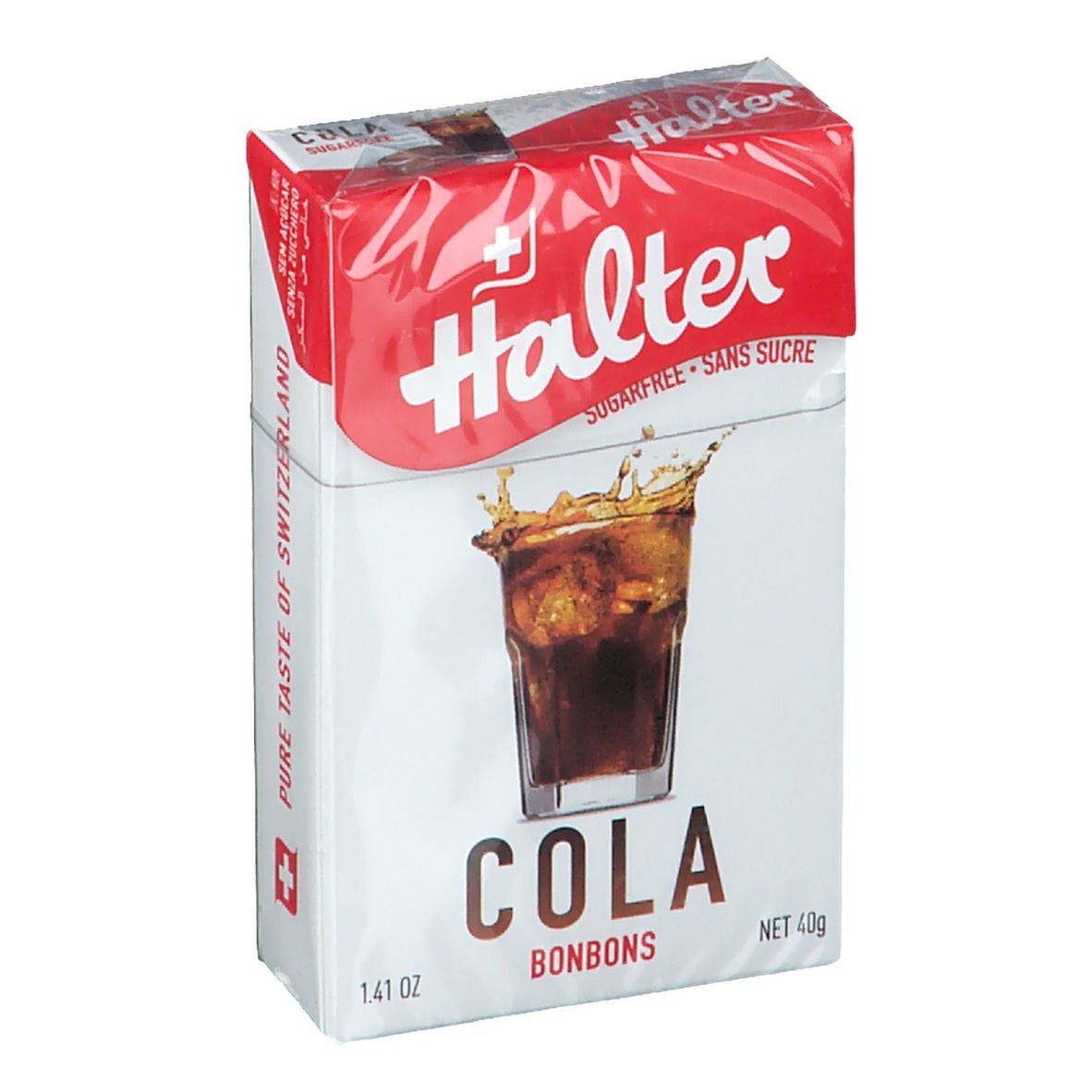Confezione Halter Cola Bonbons senza zucchero. Bianco con fascia rossa. Logo, bicchiere di cola, testo.