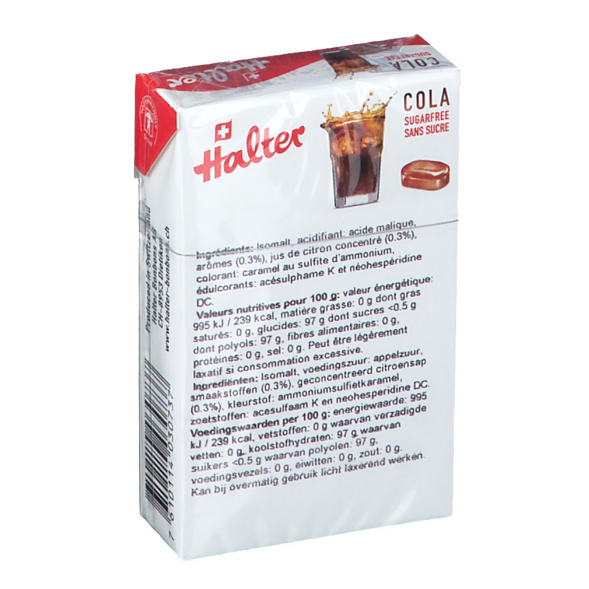 Halter Cola Bonbons senza zucchero, retro della confezione. Bianco con testo e informazioni nutrizionali. Logo.