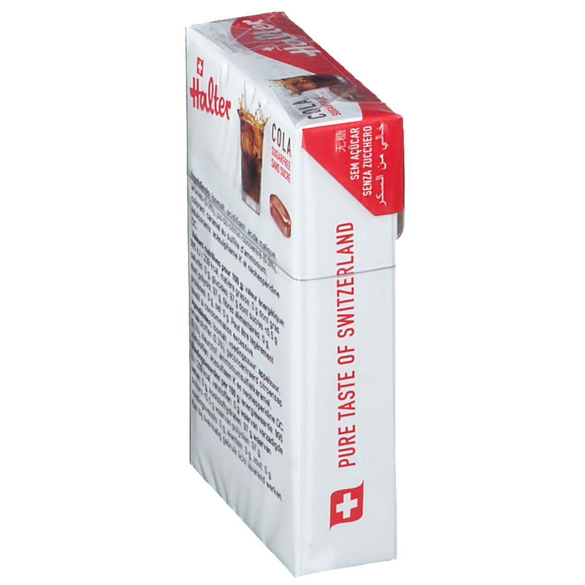 Halter Cola Bonbons senza zucchero, vista laterale della confezione. Bianco con fascia rossa. Logo, testo.
