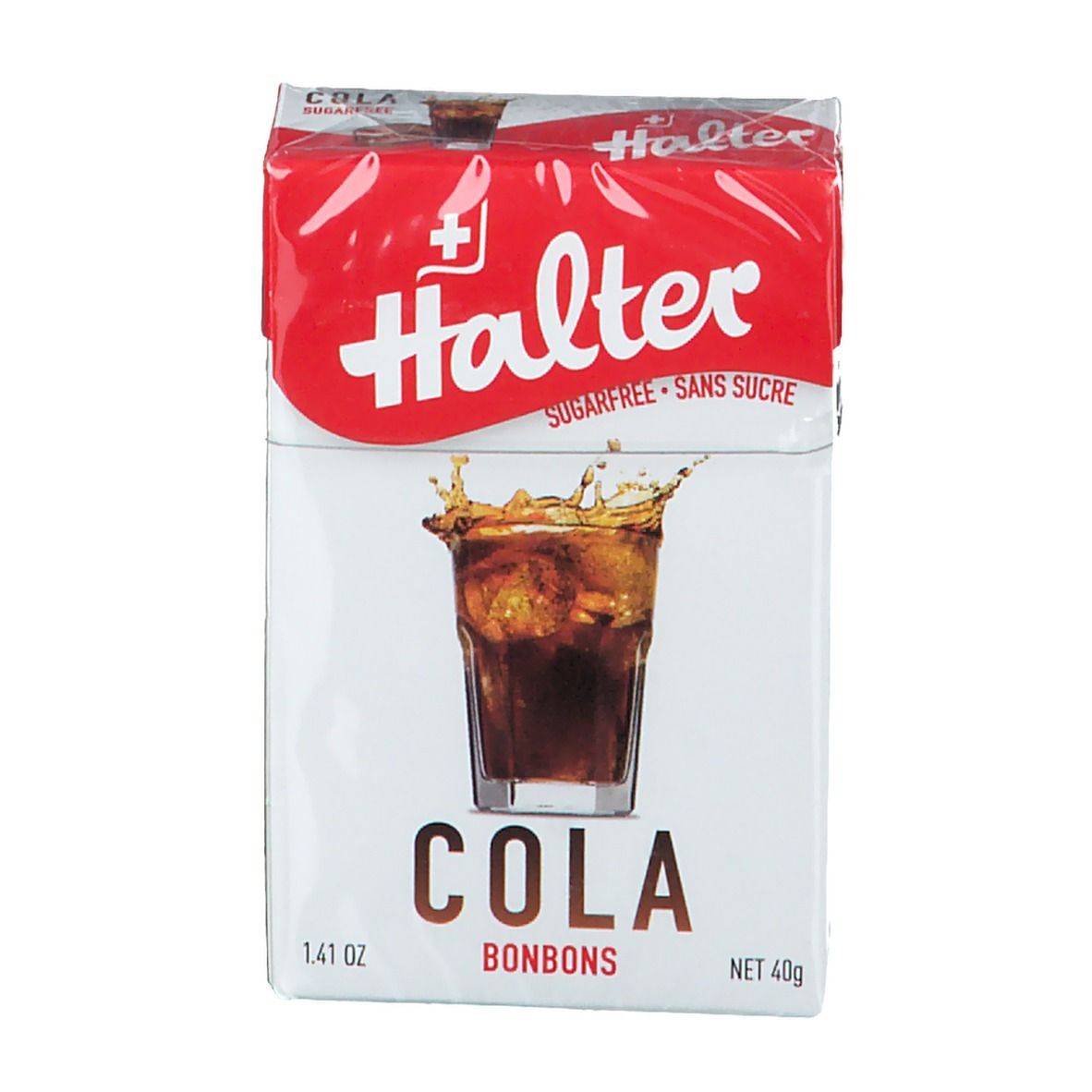 Confezione Halter Cola Bonbons senza zucchero. Bianco con fascia rossa. Logo, bicchiere di cola, testo.