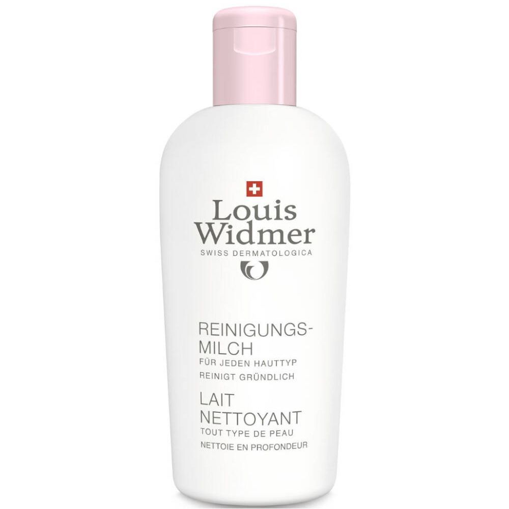 Flacone bianco, tappo rosa. Testo: Louis Widmer, Lait Nettoyant, per tutti i tipi di pelle, deterge a fondo.