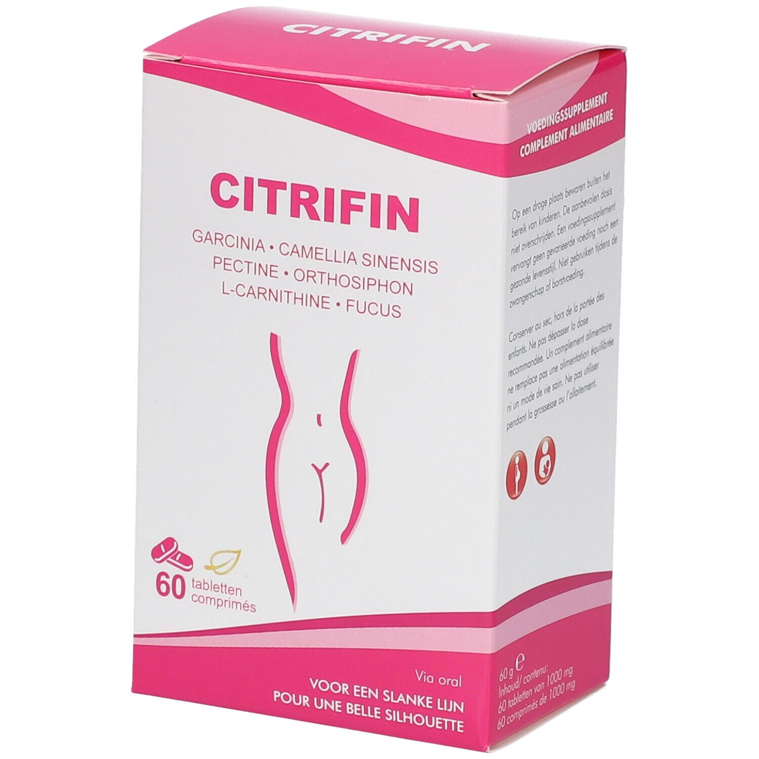 Confezione di Citrifin. Scatola rosa e bianca con nome e ingredienti. 60 compresse, figura femminile.