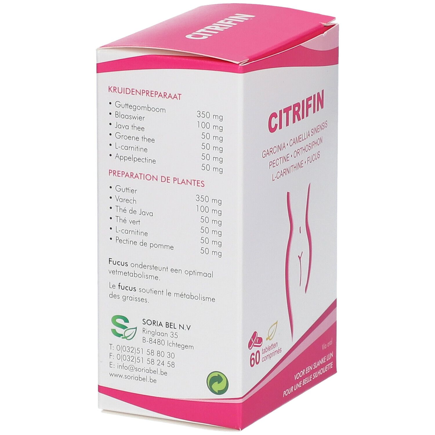 Confezione di Citrifin. Scatola rosa e bianca con elenco ingredienti e informazioni produttore. 60 compresse.