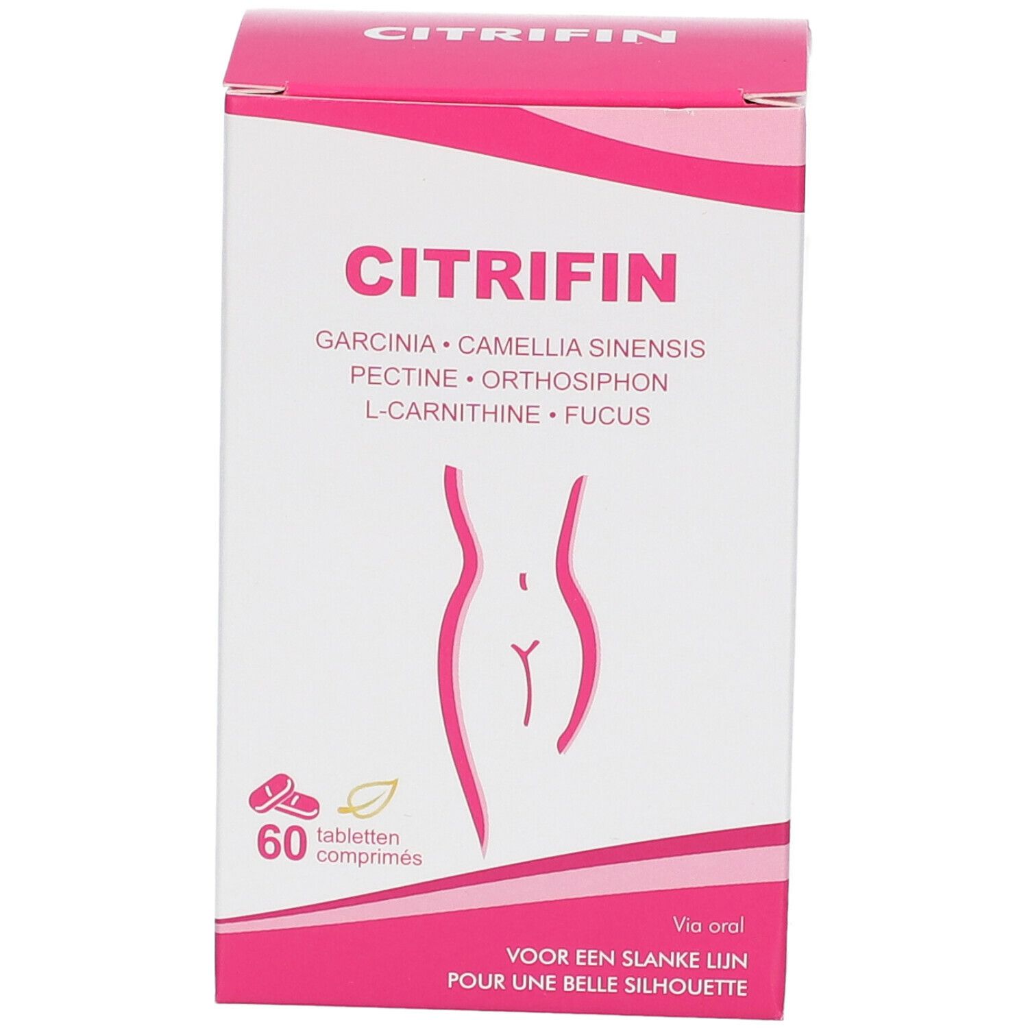 Confezione di Citrifin. Scatola rosa e bianca con nome, ingredienti e figura femminile. 60 compresse.