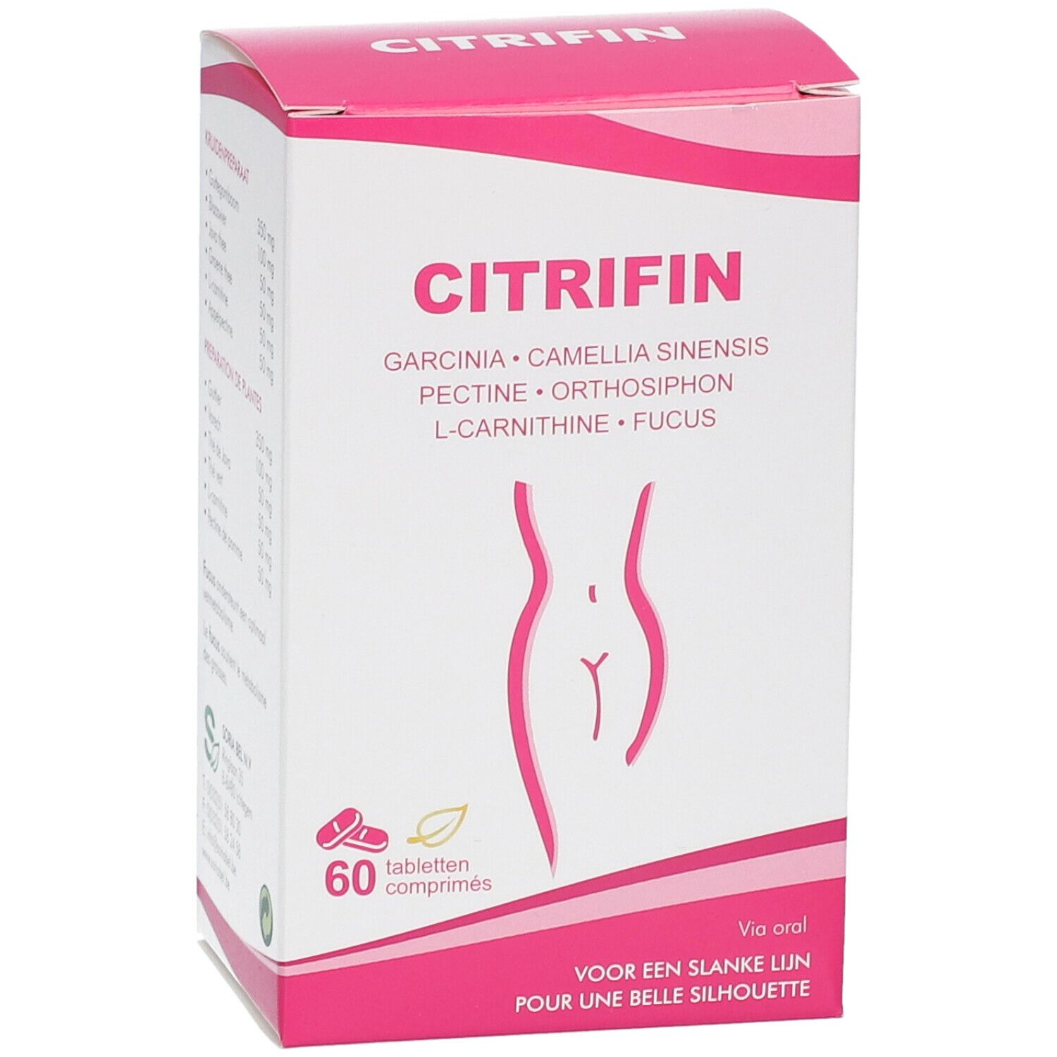 Confezione di Citrifin. Scatola rosa e bianca con nome, ingredienti e figura femminile. 60 compresse.