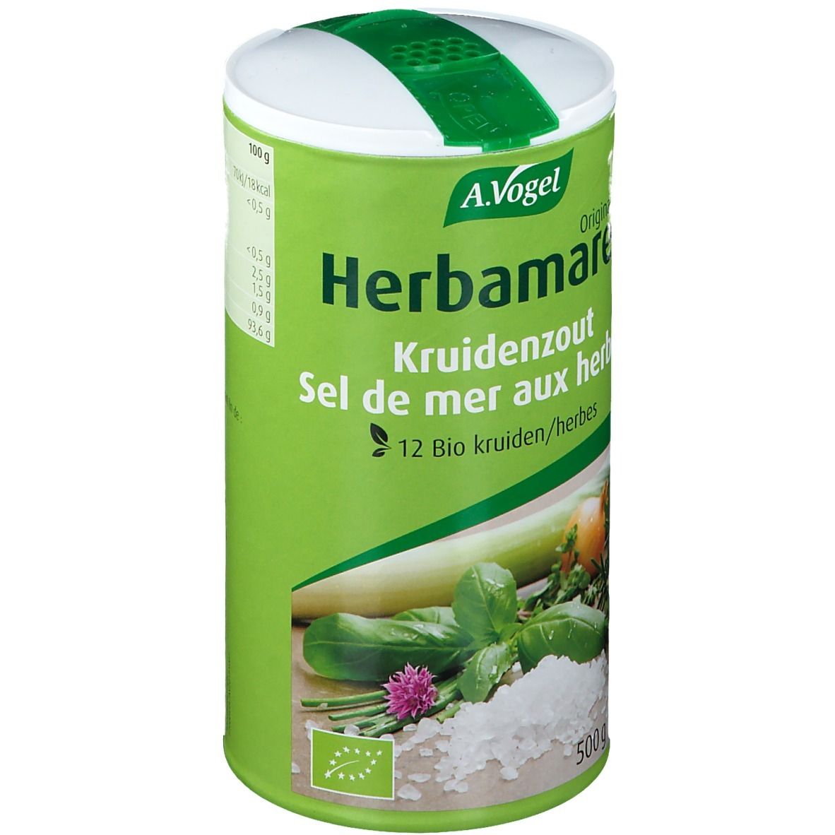 Barattolo verde A.Vogel Herbamare. Sale alle erbe con 12 erbe. Certificazione bio. 500g.