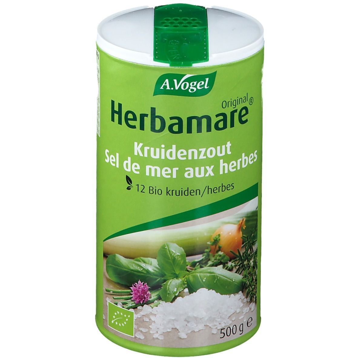 Barattolo verde A.Vogel Herbamare. Sale alle erbe con 12 erbe. Certificazione bio. 500g.