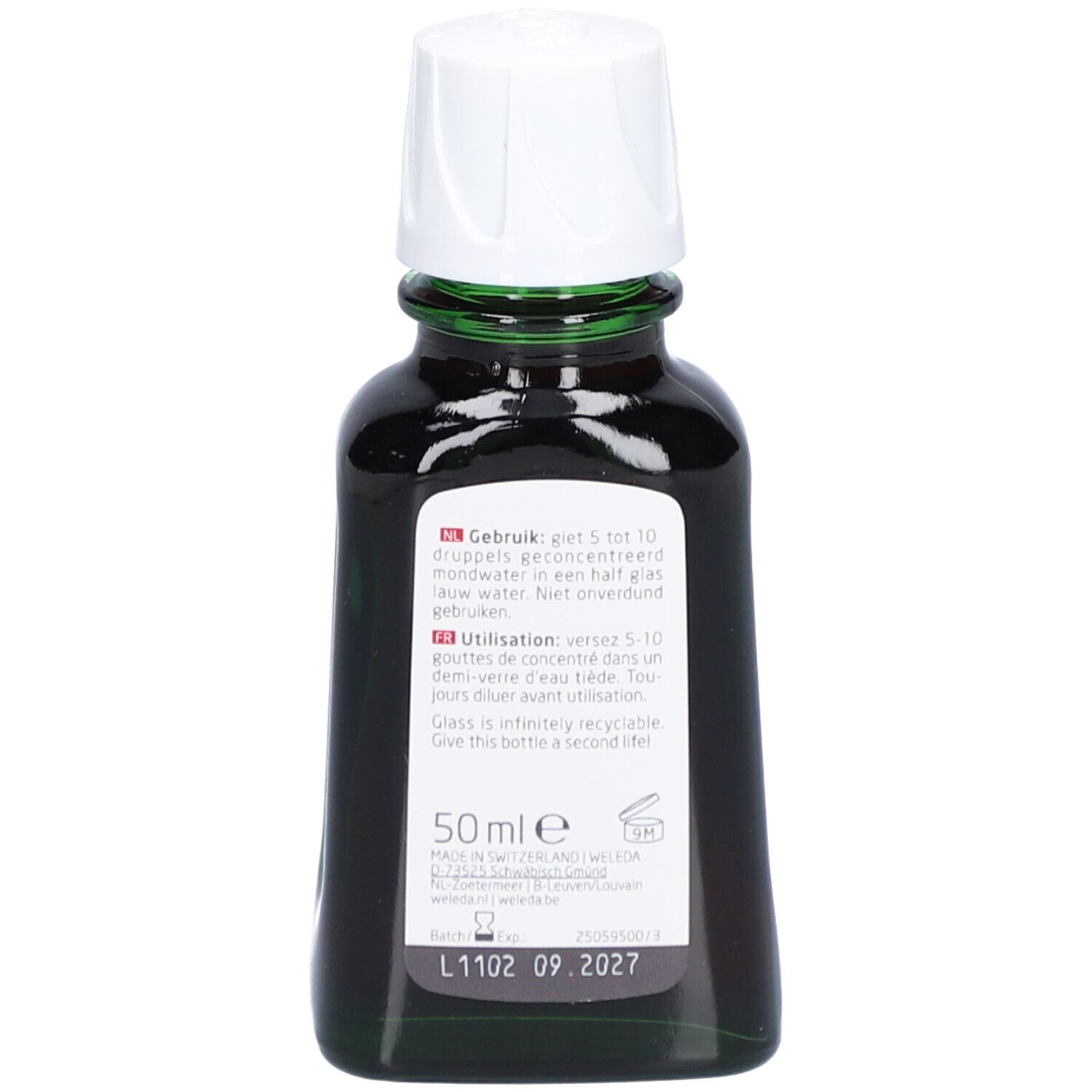 Flacone in vetro verde scuro con tappo bianco, 50ml.