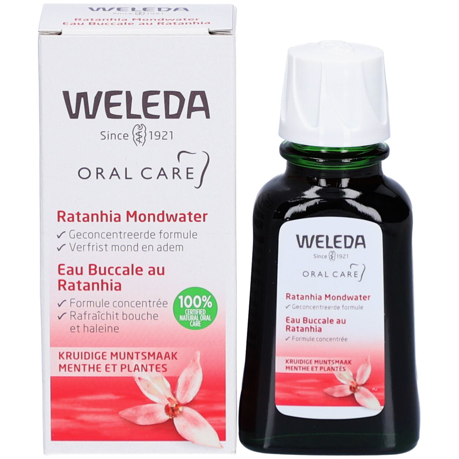 Flacone e scatola di collutorio Weleda Ratania. Formula concentrata, rinfresca bocca e alito. Sapore di menta e piante.