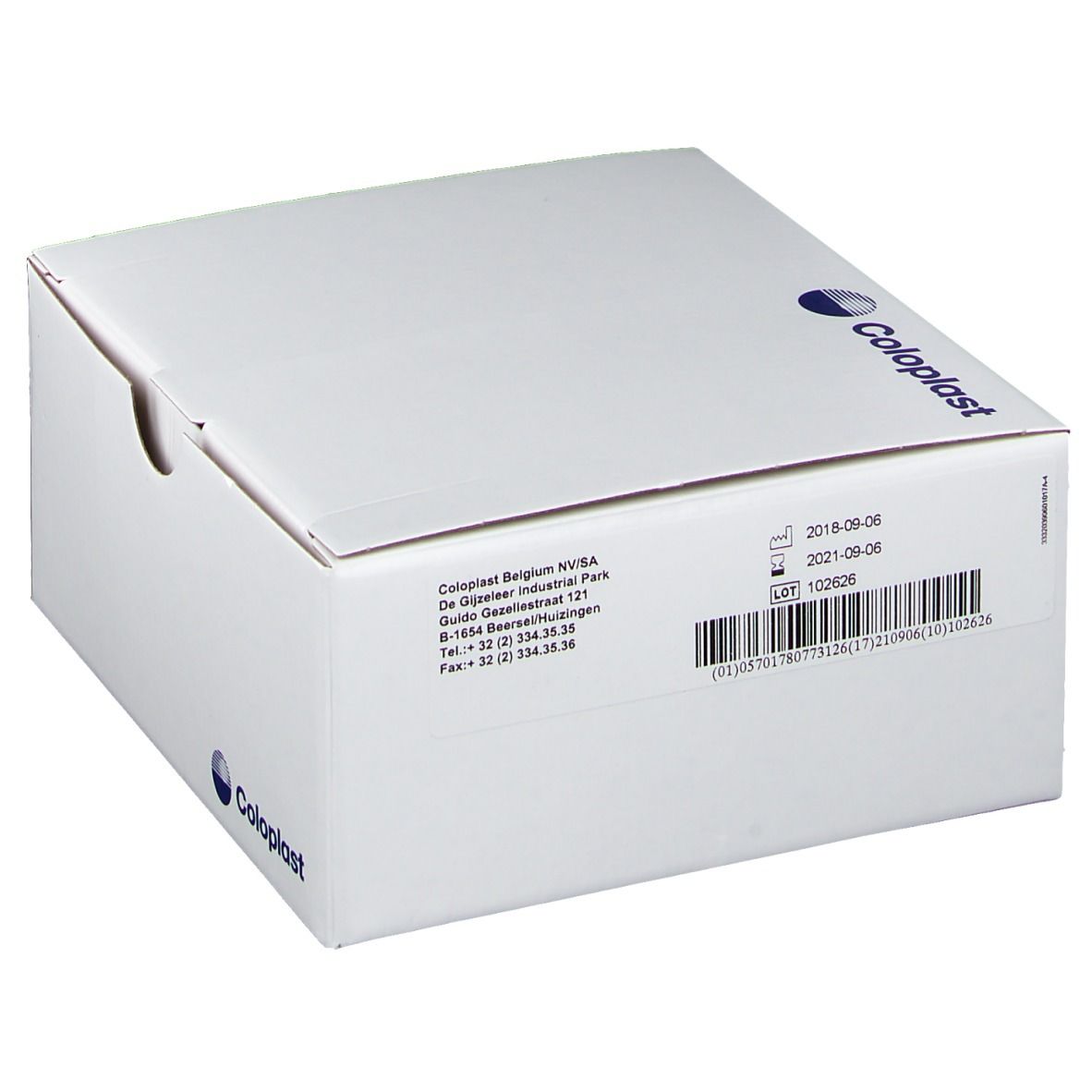 Scatola bianca Coloplast. Stampa con indirizzo, data e codice a barre.