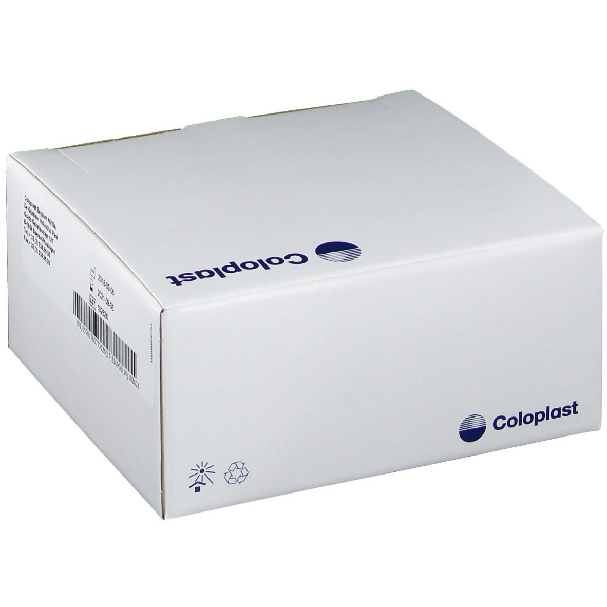 Scatola bianca Coloplast. Stampa con indirizzo e simboli di riciclaggio.