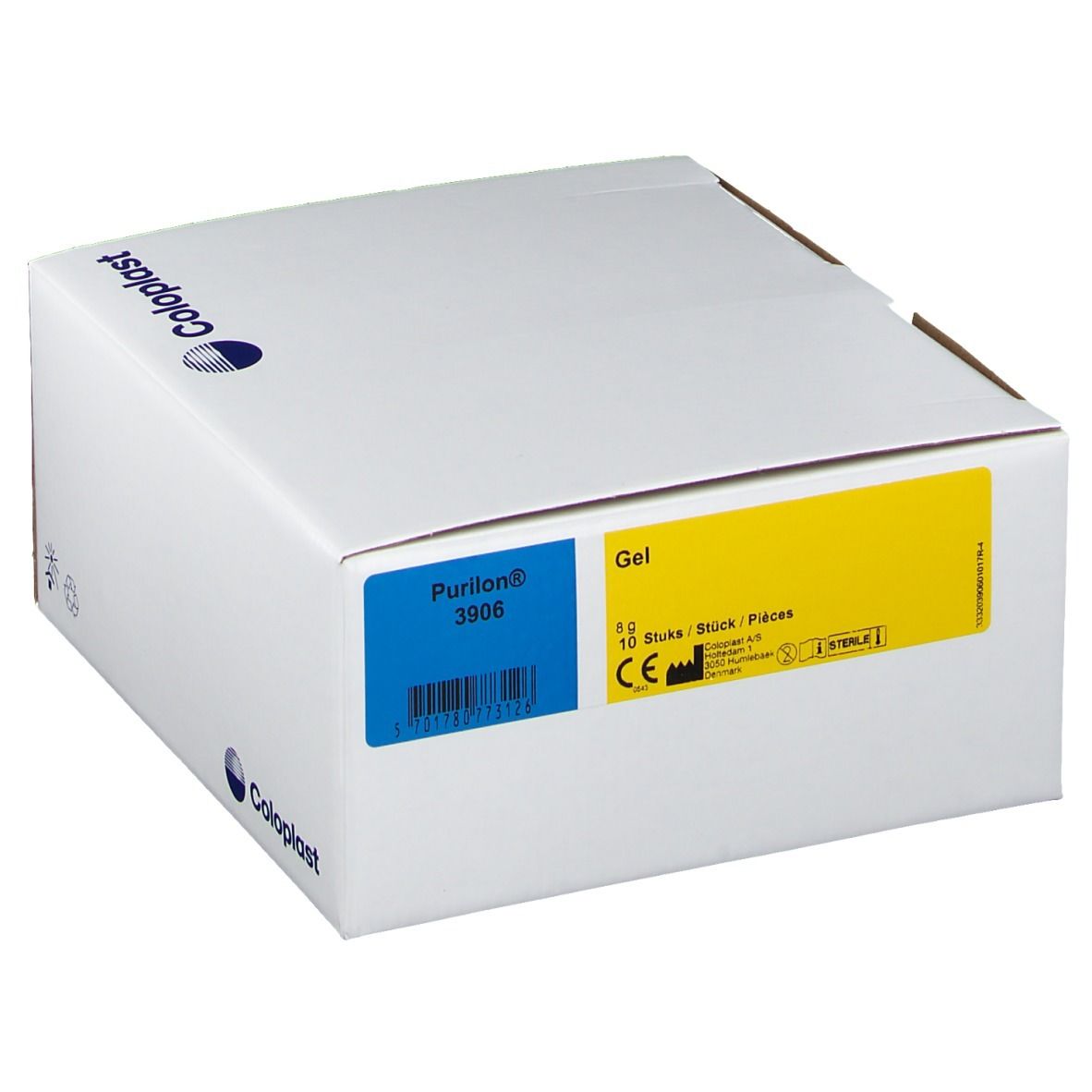 Scatola bianca Coloplast. Etichette blu e gialle con informazioni sul prodotto.