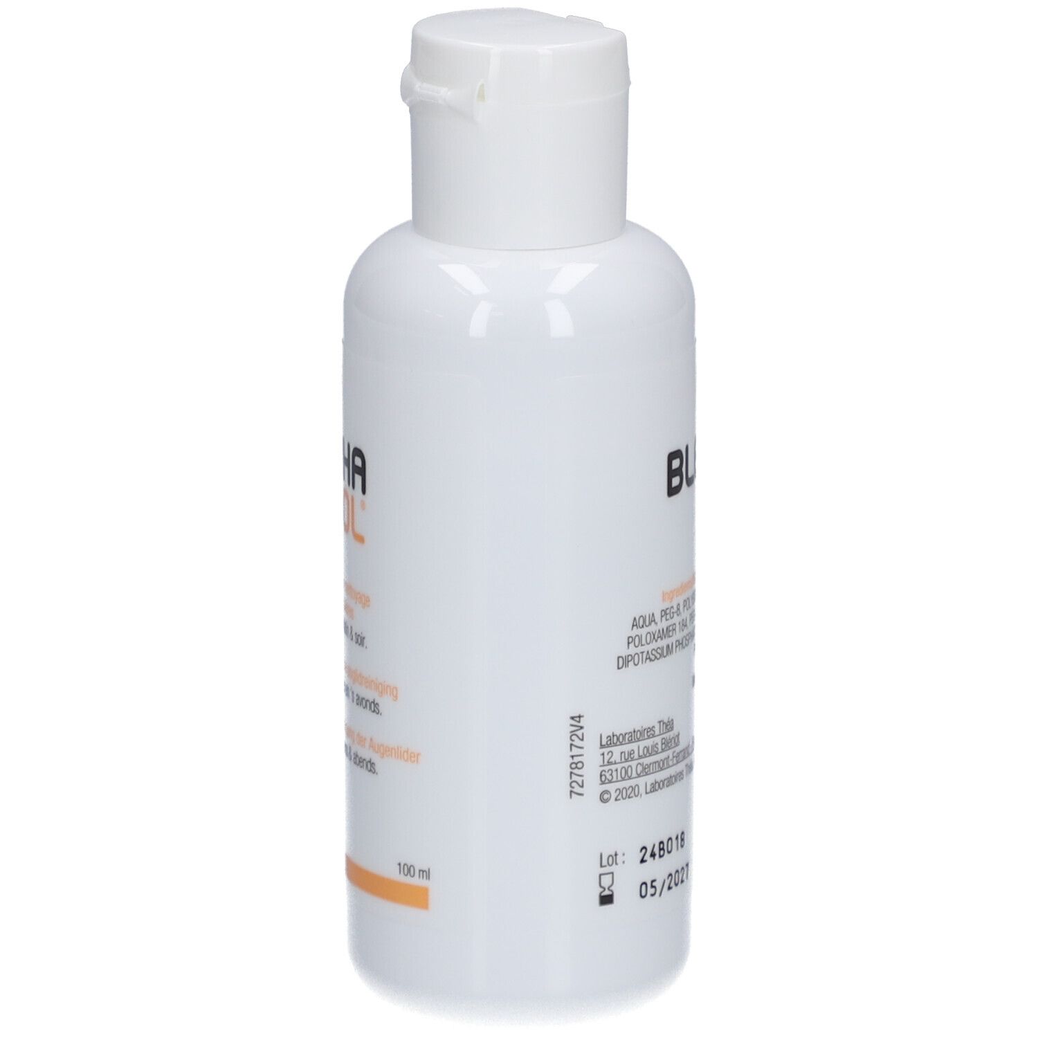 Flacone bianco con tappo bianco. Scritta BLEPHASOL. Contiene ingredienti. 100 ml. Numero di lotto e data di scadenza.