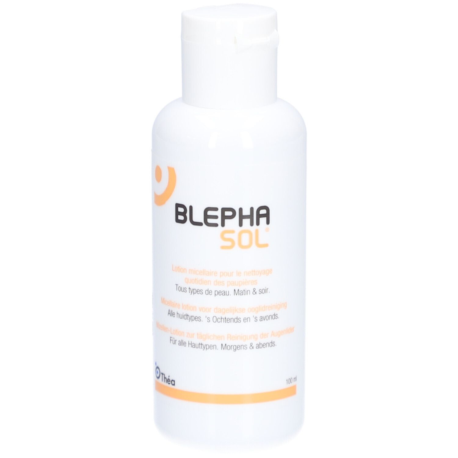 Flacone bianco con tappo bianco. Scritta BLEPHASOL. Contiene ingredienti. 100 ml. Testo in tedesco e francese.