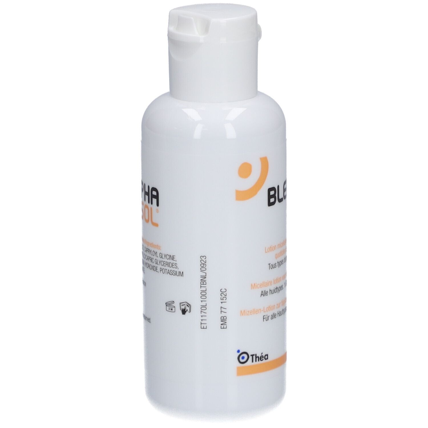 Flacone bianco con tappo bianco. Scritta BLEPHASOL. Contiene ingredienti. Testo in tedesco e francese. Logo Théa.